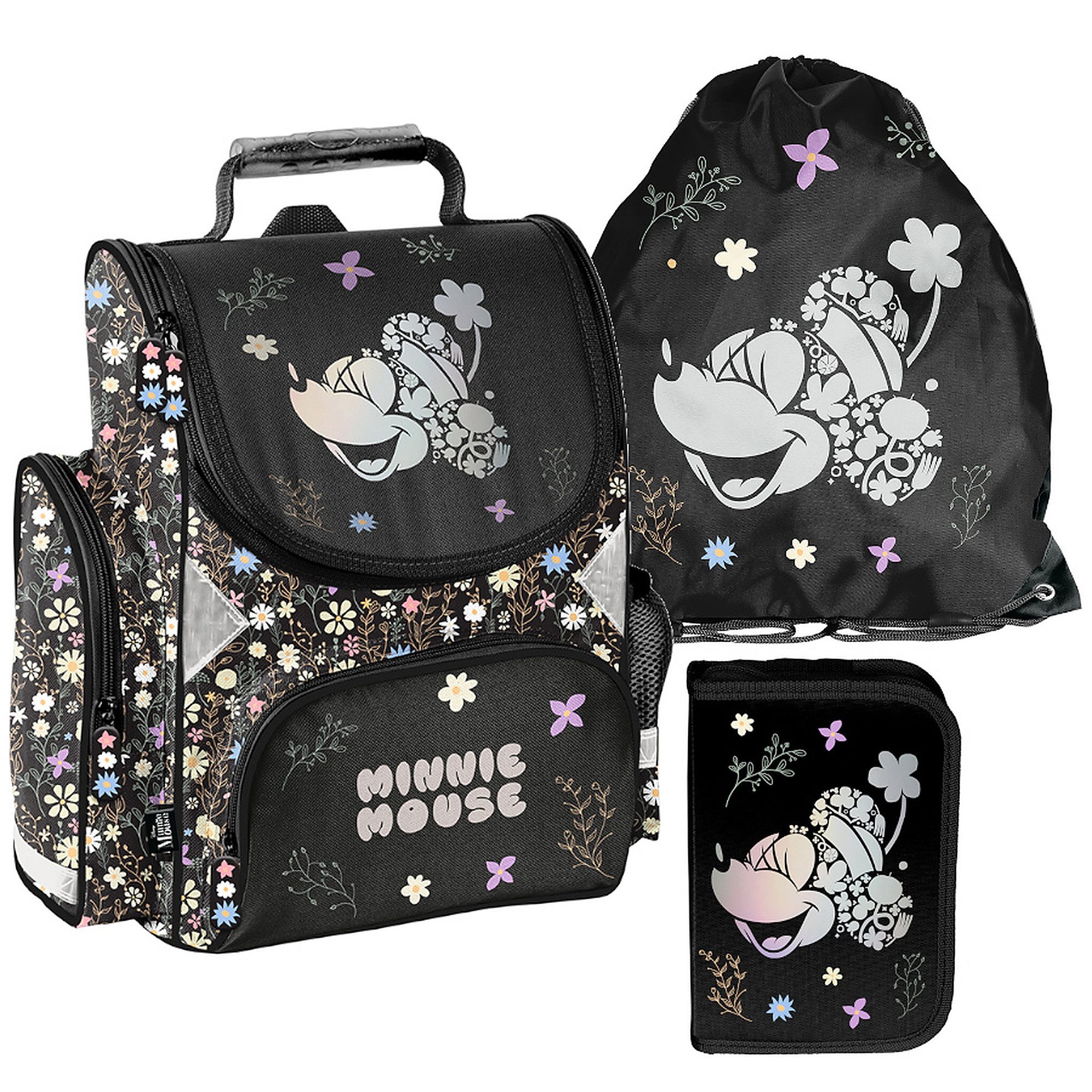 PASO Schulrucksack Mega-Set Disney Minnie Mouse (Schulset, 3-tlg), Schulranzen + Turnbeutel + Federmäppchen Mädchen, Schwarz