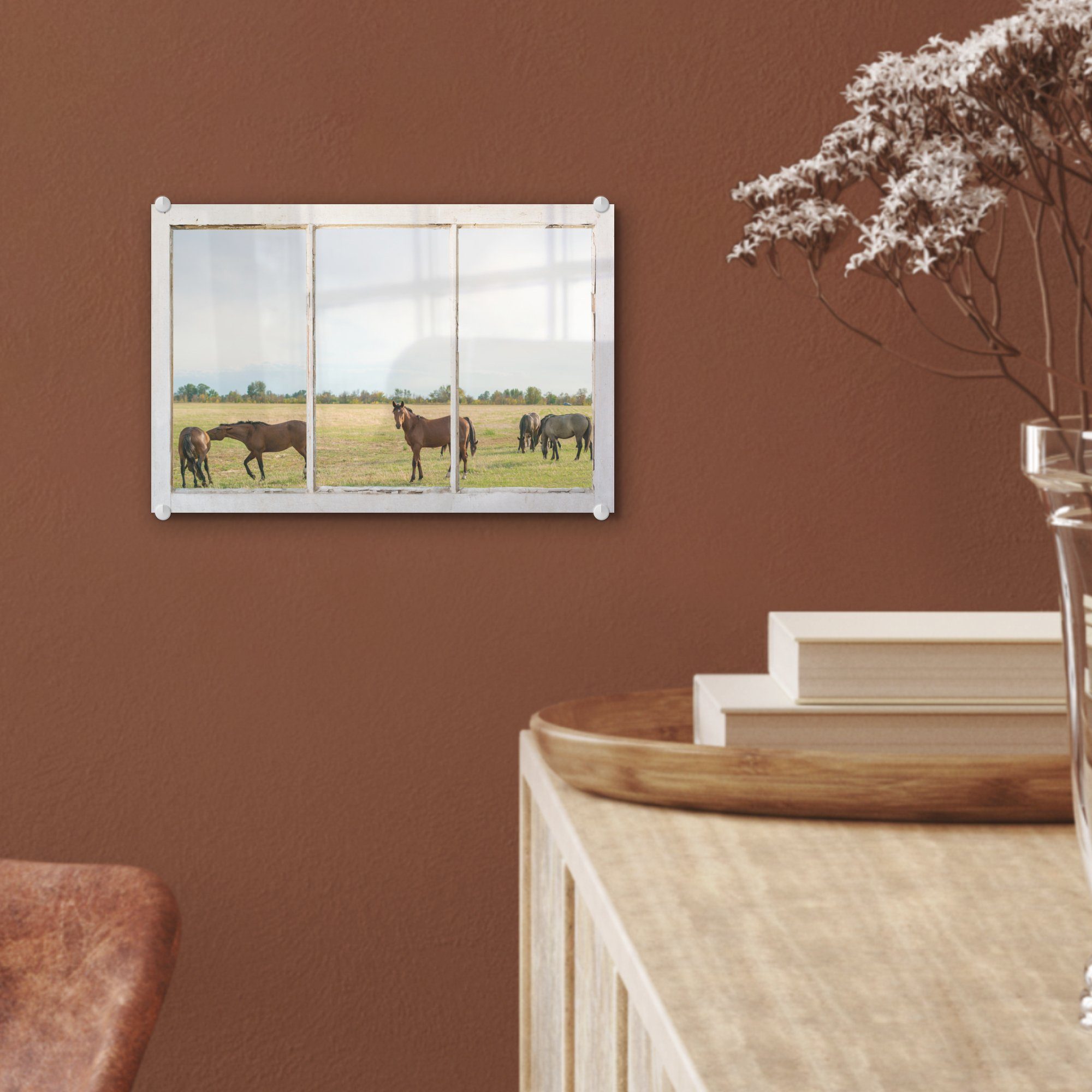 Bilder Wandbild Wanddekoration (1 Glas - Foto Glas Pferde - Acrylglasbild Tiere, - Glasbilder Durchschauen auf St), MuchoWow - - auf