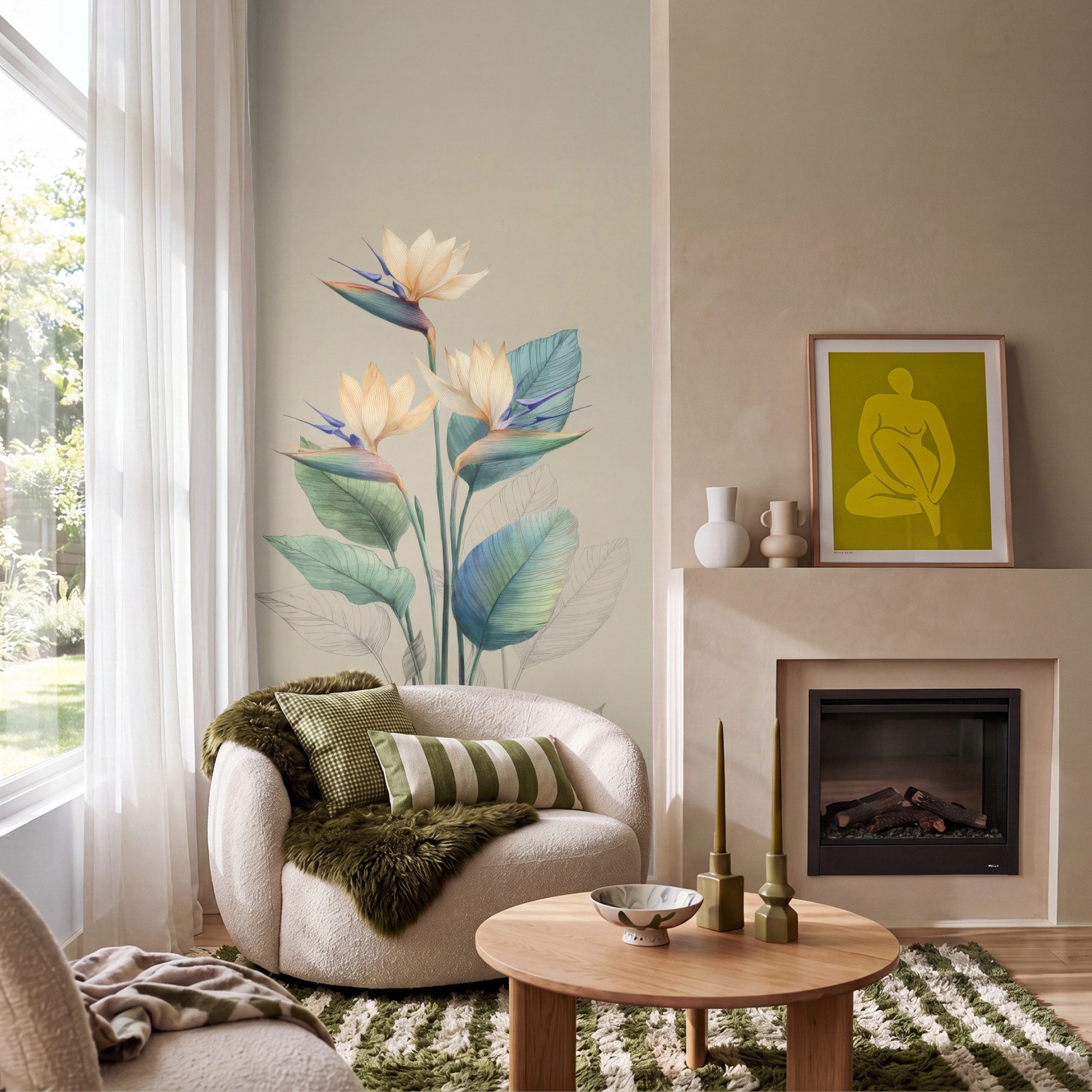 OnlyWow Fototapete Paradiesvogelblüten - Blaugrüne Blätter - Beige, Matt, bedruckt, Wandtapete, Schlafzimmer, Wanddekoration 100x220cm
