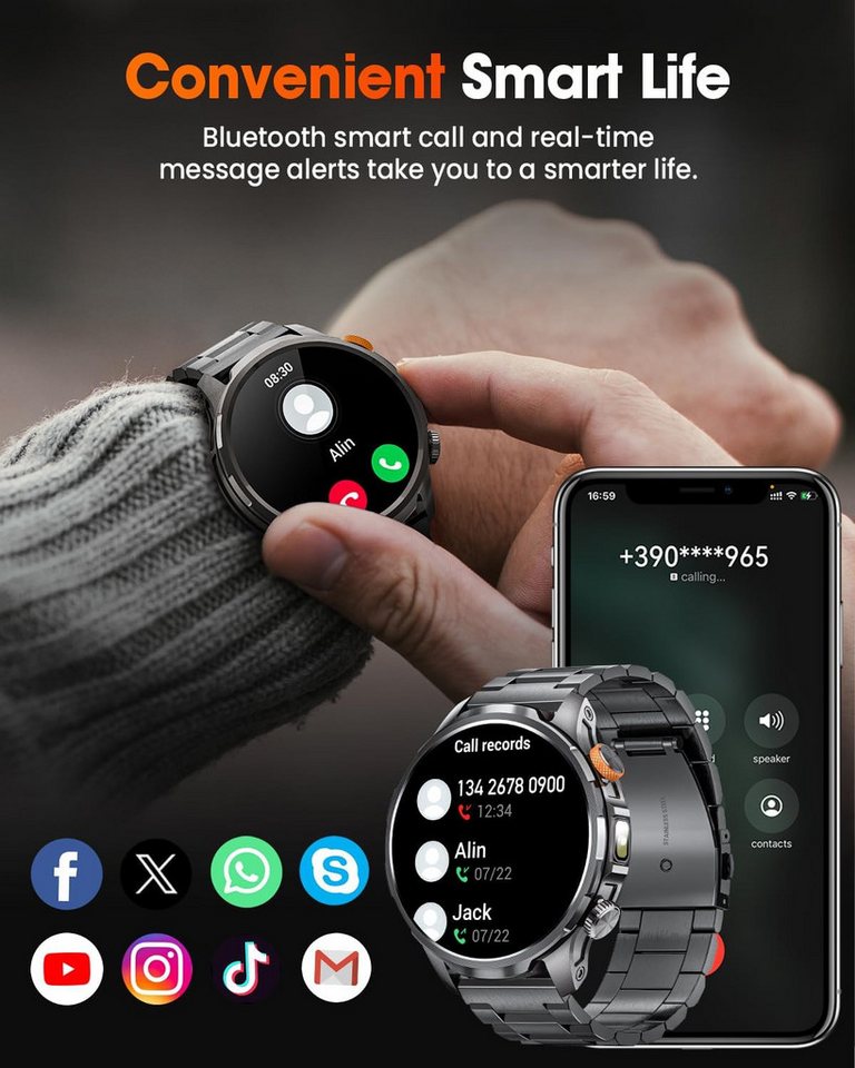 Zevelora Herren Militär, 1000mAH Akku Telefonfunktion, 5 ATM Wasserdicht Smartwatch (1,91 Zoll, Android/iOS), mit LED Taschenlampe 110+ Sportmodi/SpO2/Herzfrequenz/Schlafmonitor schwarz