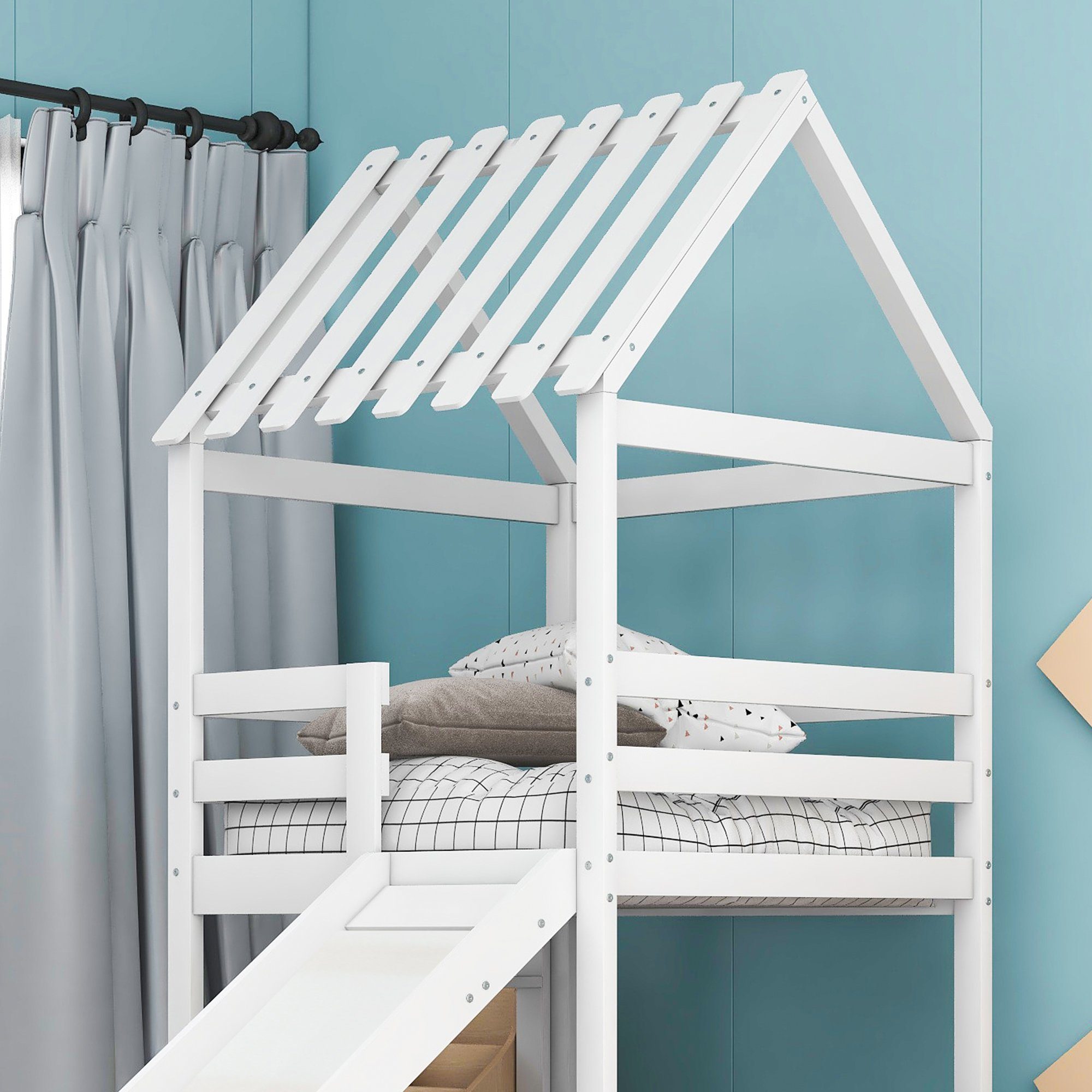 Hochbett (Etagenbett mit Rutsche und Lattenrost) Kinderbett mit 2 Liegefläche, Spielbett 90x200+90x100, Kiefer