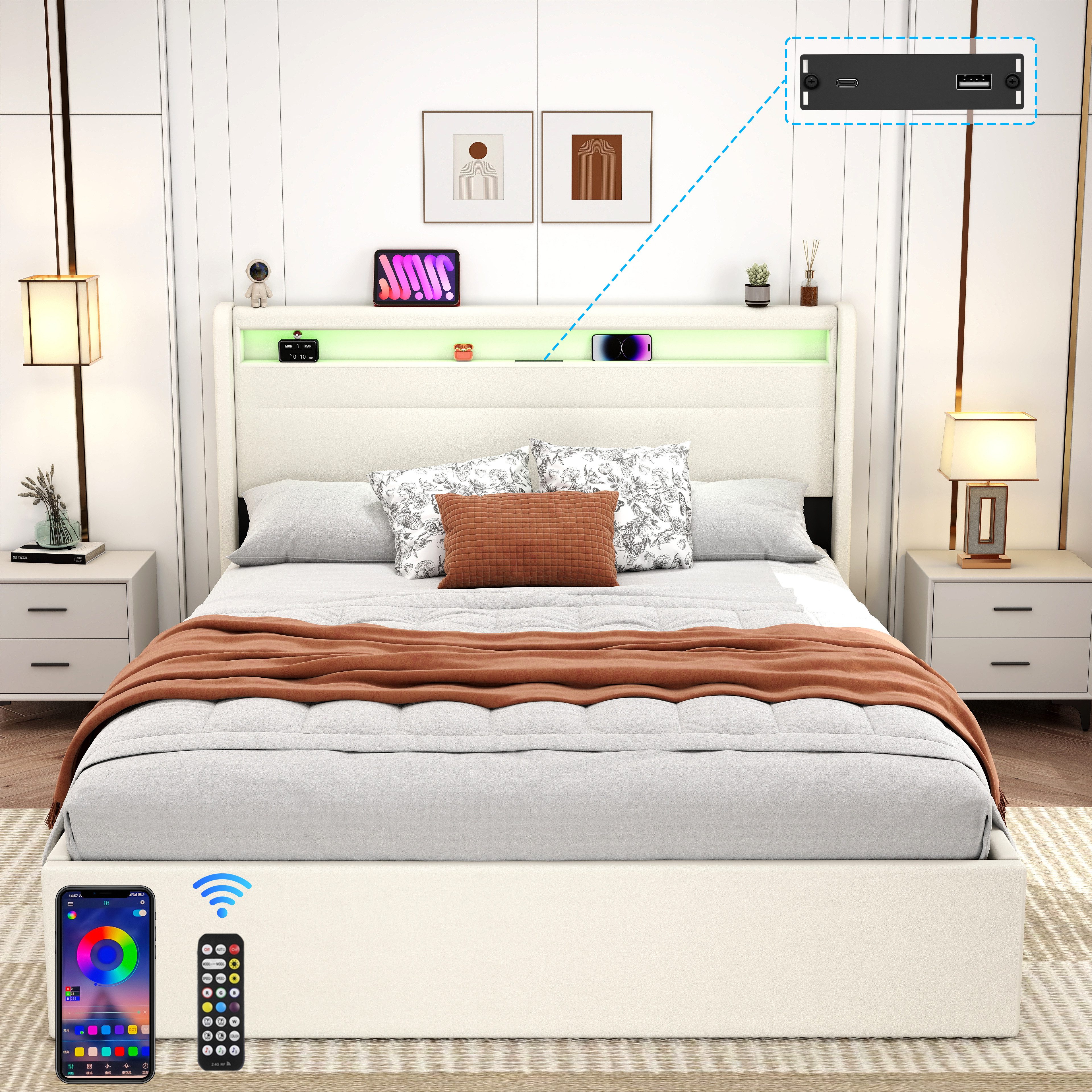 oyajia Polsterbett Stauraumbett Doppelbett LED, PU-Kunstleder (Type-C + USB, Hydraulisch hebbarer Stauraum), Modernes Jugendbett, Leises Design Bett, Max. Belastbarkeit 365 kg