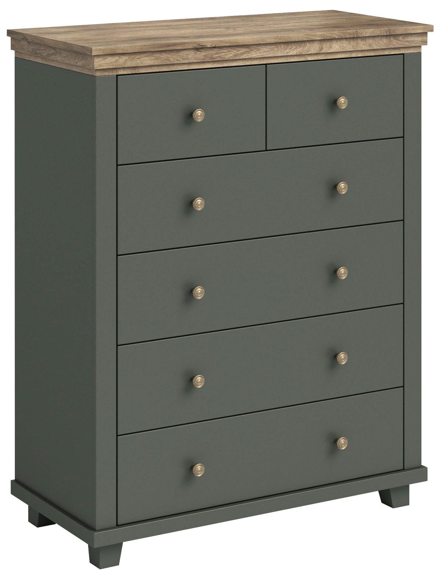 Helvetia Schubkastenkommode Elda (6 Schubladen mit Vollauszug, 1 St., moderner Landhausstil, Holzoptik, Knaufgriffe), 90x42x112,5cm grün / Eiche Lefkas