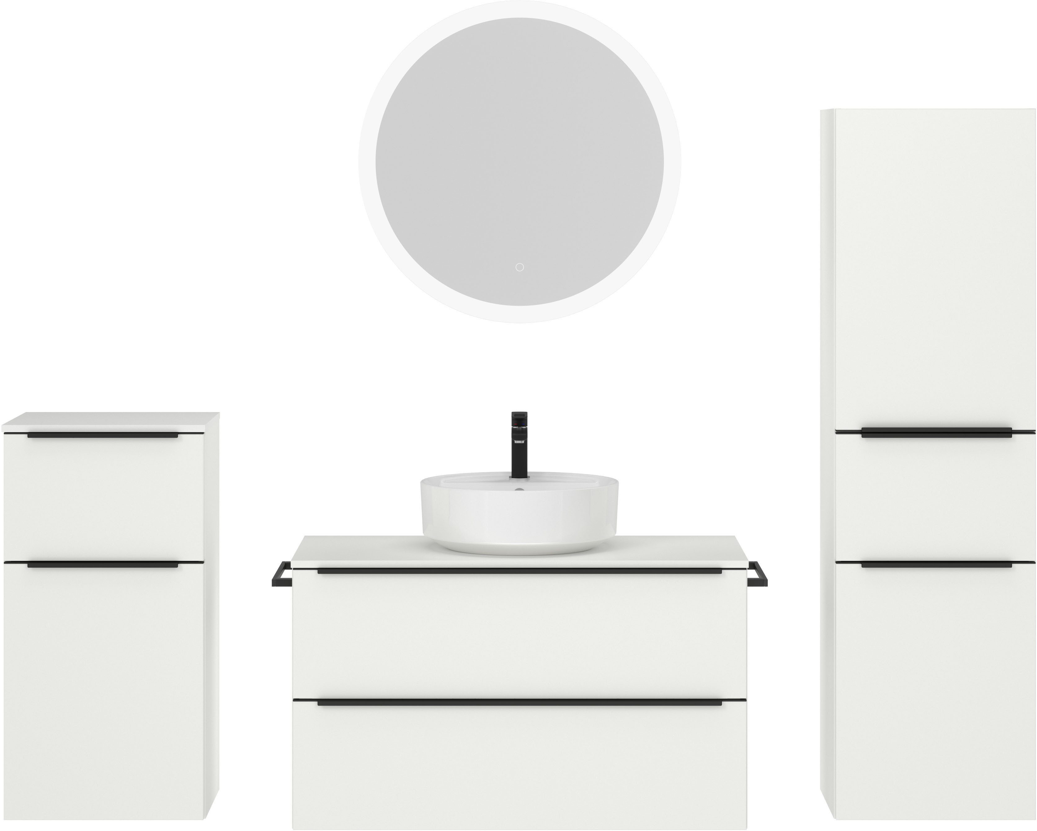 nobilia® Badmöbel-Set Alvene, (4-St., vormontiert, mit Soft-Close), inkl. Spiegel mit Touch-Sensor, in vier Breiten