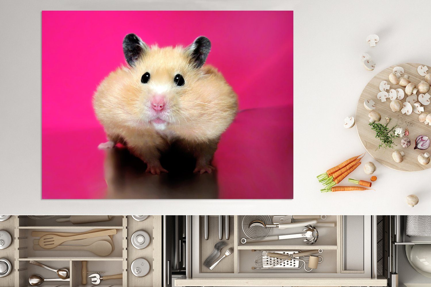 MuchoWow Herdblende-/Abdeckplatte Hamster mit rosa Hintergrund, Arbeitsfläche (1 cm, 70x52 tlg), Vinyl, Mobile nutzbar, Ceranfeldabdeckung