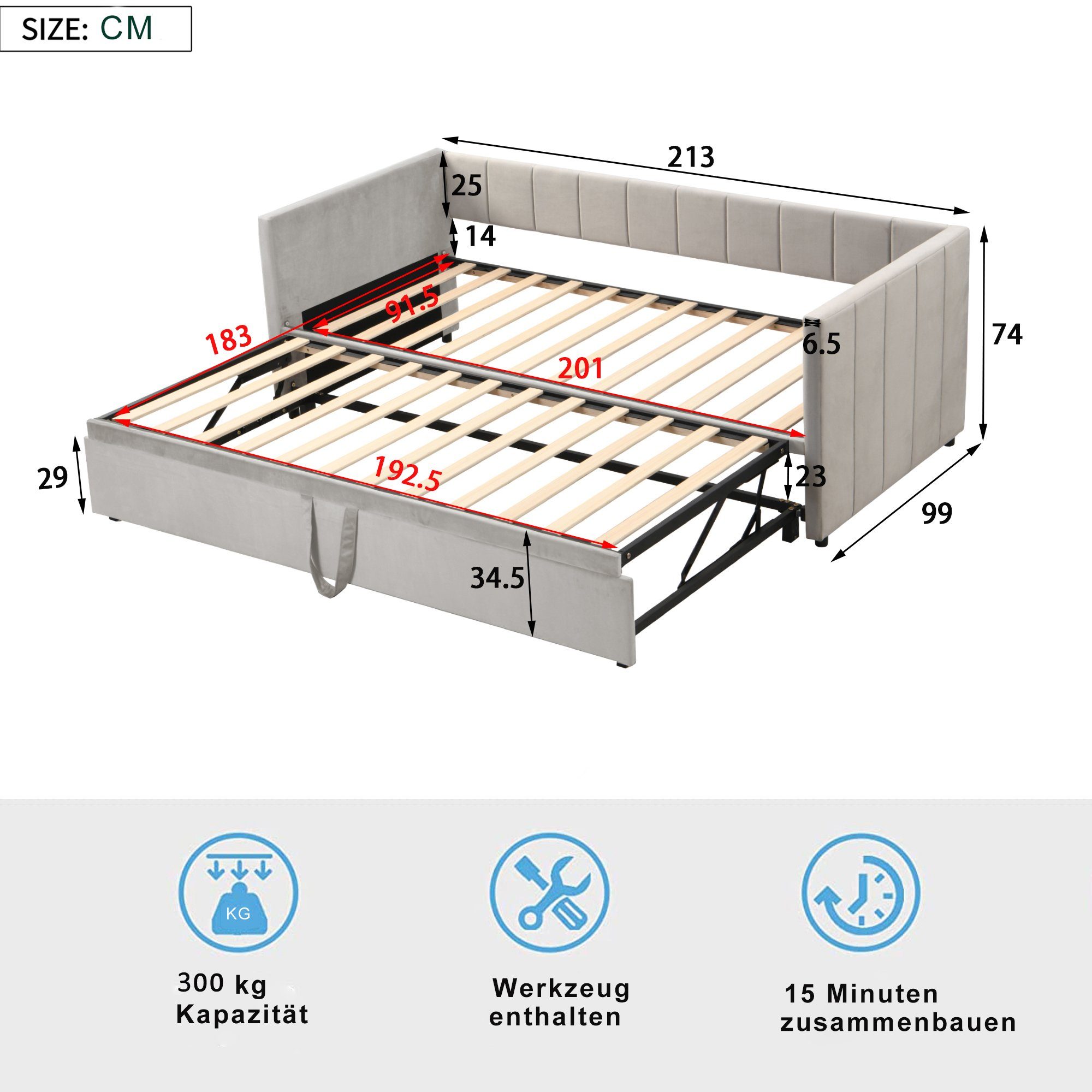 Lattenrosten Polsterbett Hellgrau 90/180*200cm Beige/Grau Ausziehbar Samtstoff Schlafsofa Odikalo