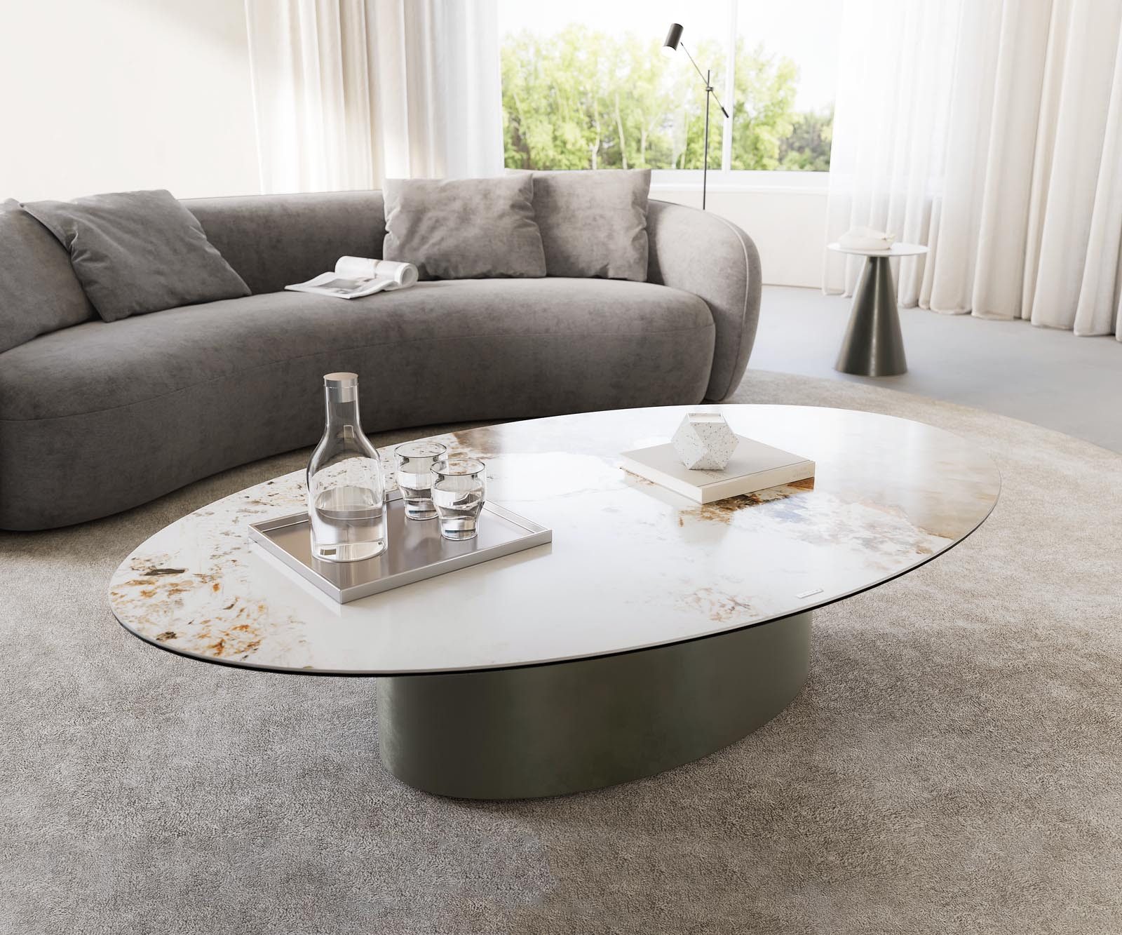 DELIFE Couchtisch Casilda, Keramik Minas Melange Weiß-Beige 150x90 cm Mittelfuß Effektfinish Tita