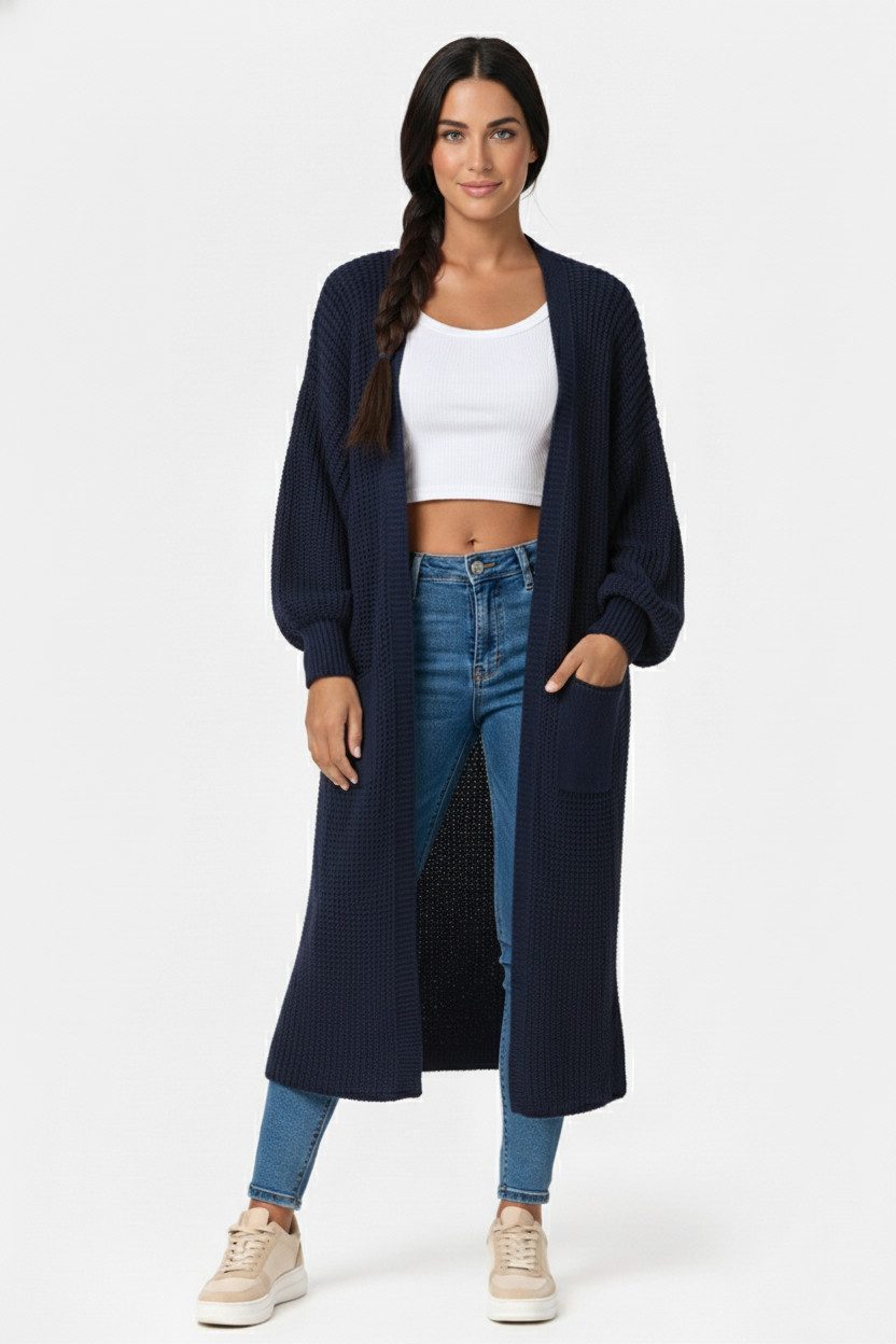 Kendindza Collection Cardigan Cardigan Damen lang Oversize Strickjacke Damen Lang aus Grobstrick Longstrickjacke Made In Italy - One Size 34-42