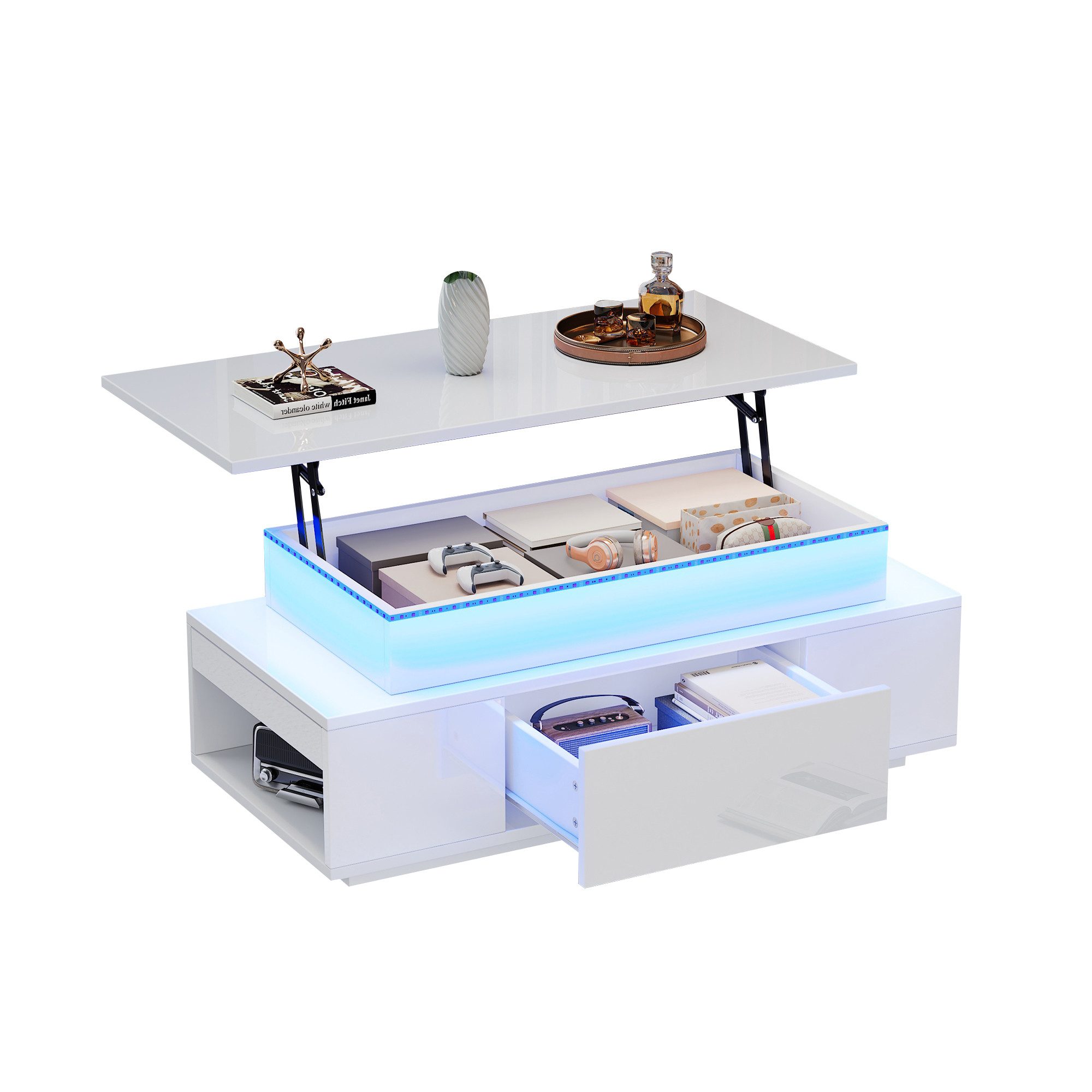 KLAM HOME Couchtisch Höhenverstellbarer Couchtisch Mit LED Beleuchtung Und Schublade (Multifunktionaler Kaffeetisch Mit Hydraulik Hub Und Stauraum), Modernes Wohnzimmer Beistelltisch Schwarz Hochglanz Für Büro Und Party