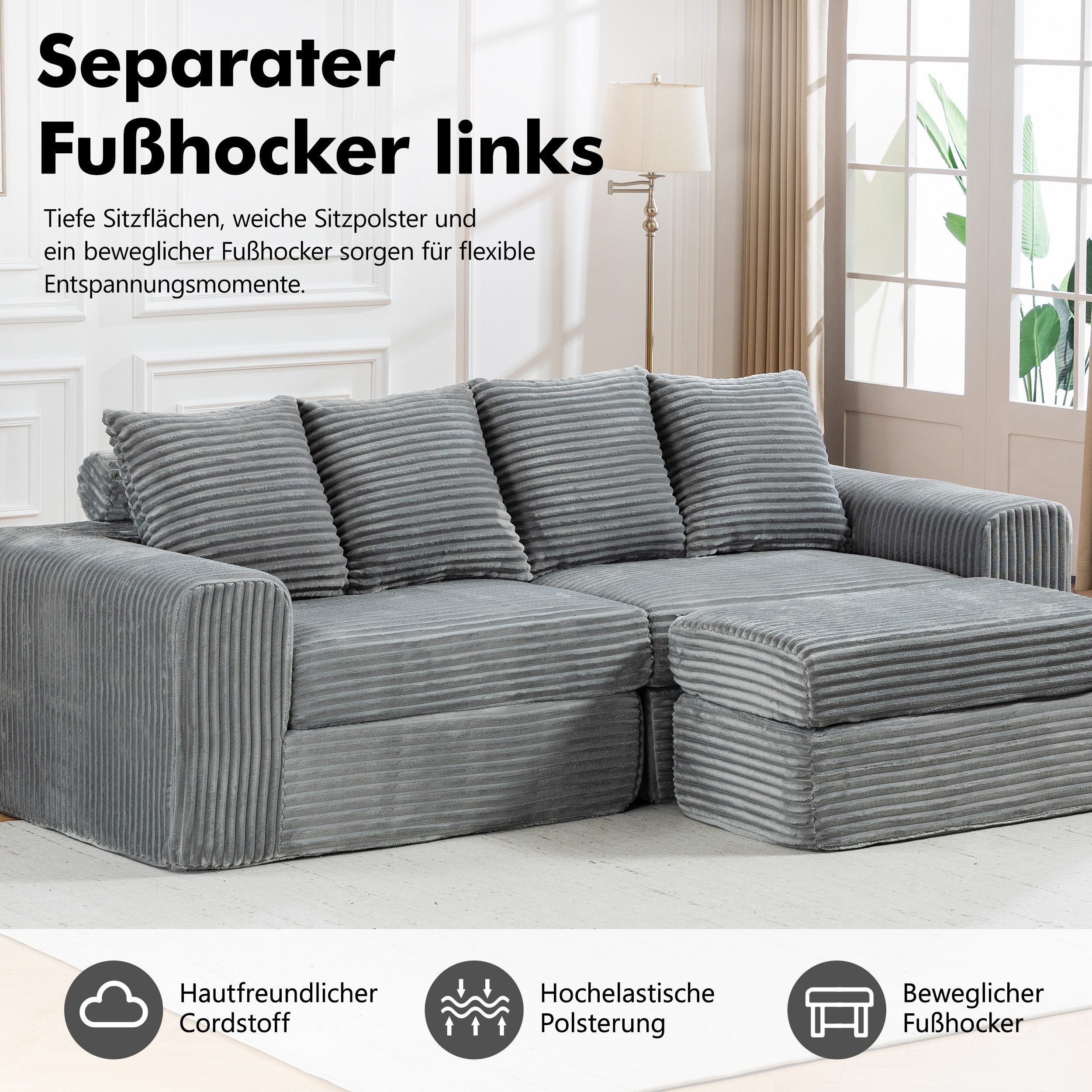 Sinaopus Ecksofa Modulares Ecksofa aus Cord mit Fußhocker und breiter Sitzfläche, Bequemes Wohnzimmersofa mit flexiblem Hocker und weicher Polsterung