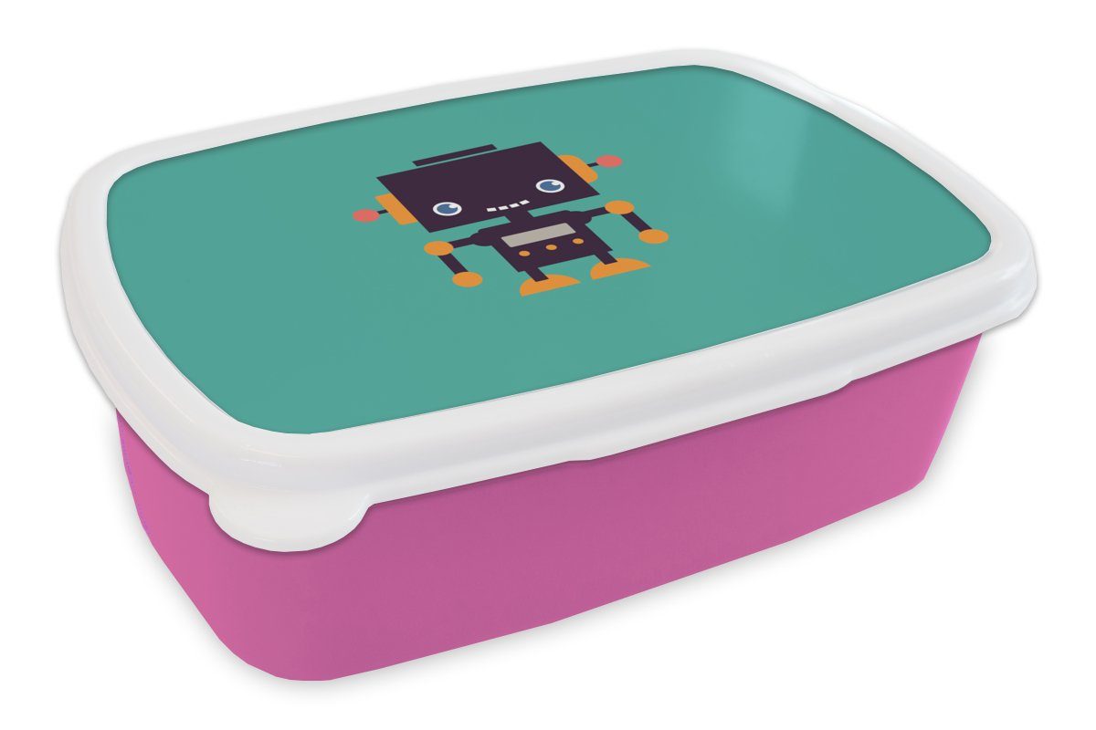 MuchoWow Lunchbox Roboter - Gesicht - Antenne - Blau - Jungen, Kunststoff, (2-tlg), Brotbox für Erwachsene, Brotdose Kinder, Snackbox, Mädchen, Kunststoff rosa
