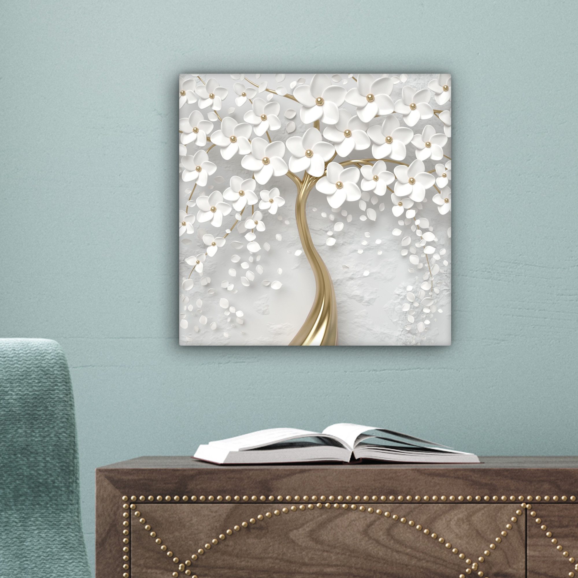 OneMillionCanvasses® Leinwandbild Baum - Weiß - Abstrakt - Blume - Gold, Fotodruck (1 St), Leinwand Canvas Wandbild, Wanddekoration 20x30 cm – Bild 3 von 5