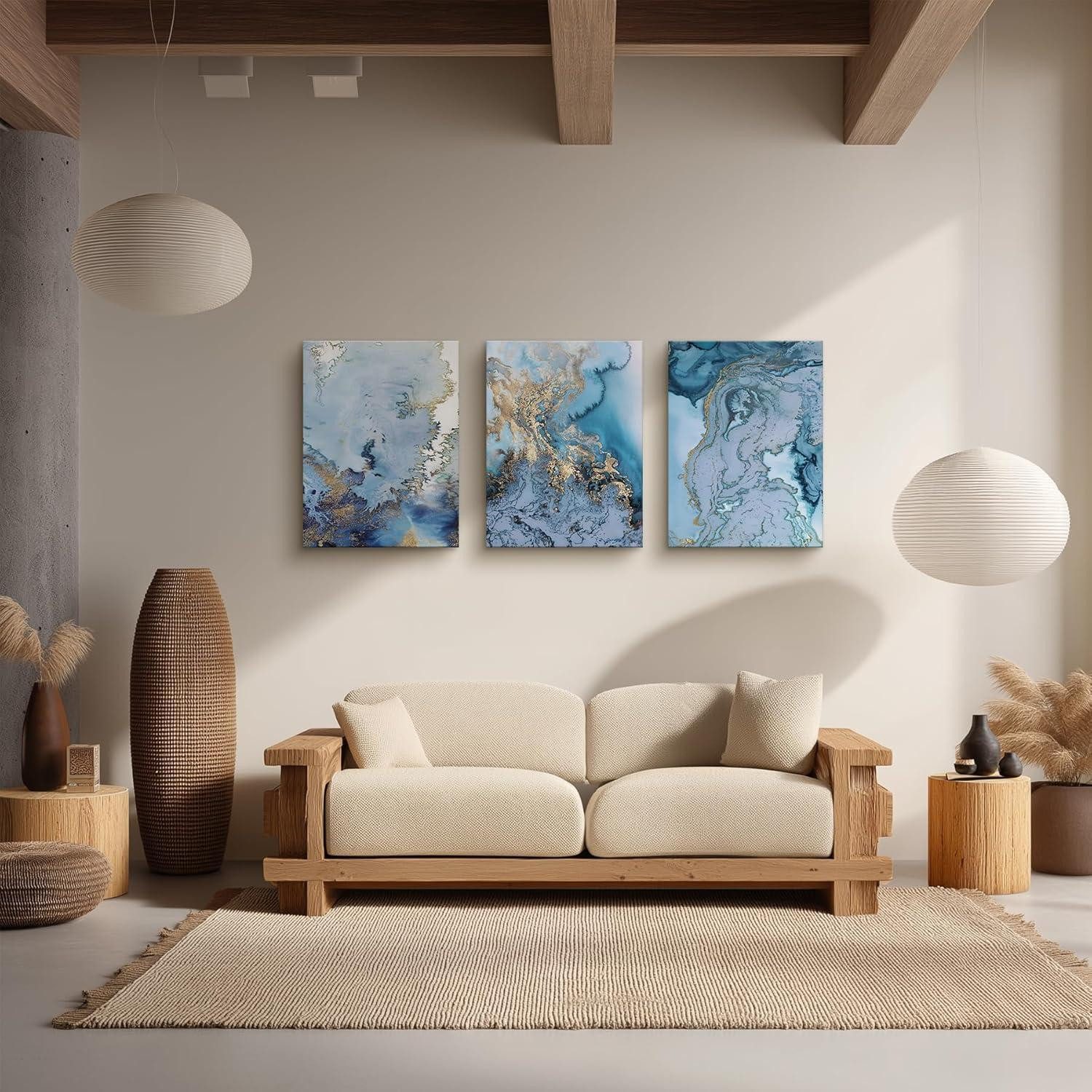 hyidecorart Mehrteilige Bilder Abstrakte Wandbilder Blau Weiß 40x30cm für Wohnzimmer Schlafzimmer