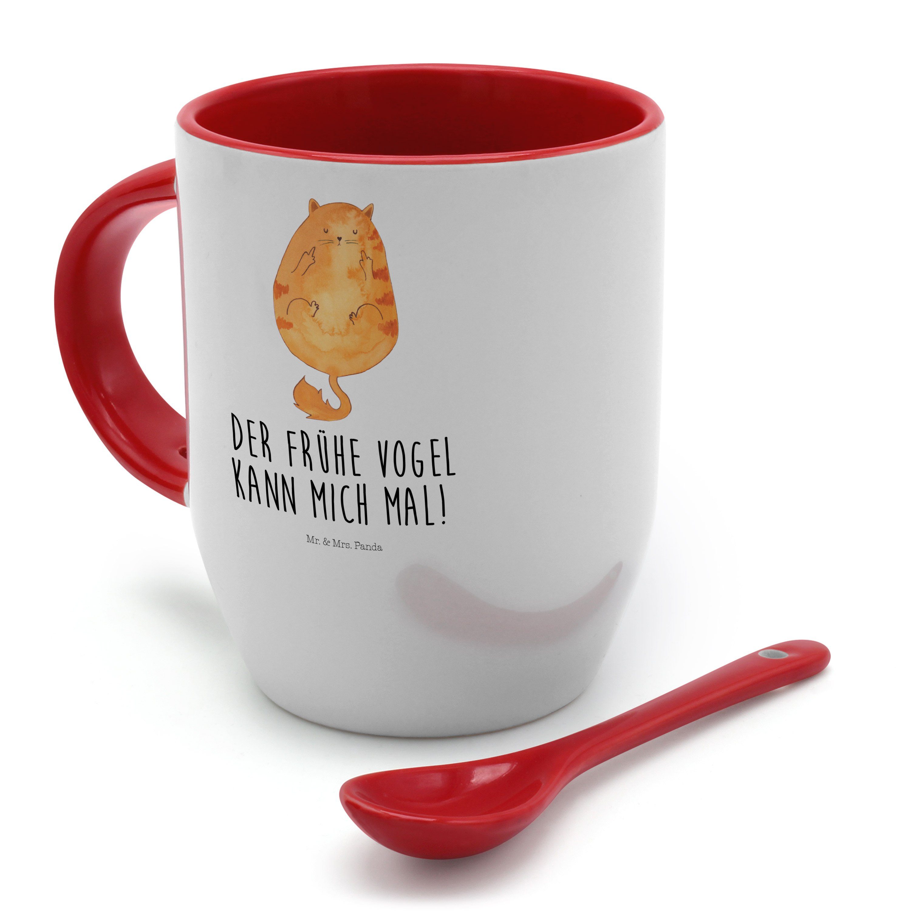 Tasse Geschenk, Mr. Panda & Keramik - Frühaufsteher Weiß - Mittelfinger, Katze Katzenprodukte, Mrs.