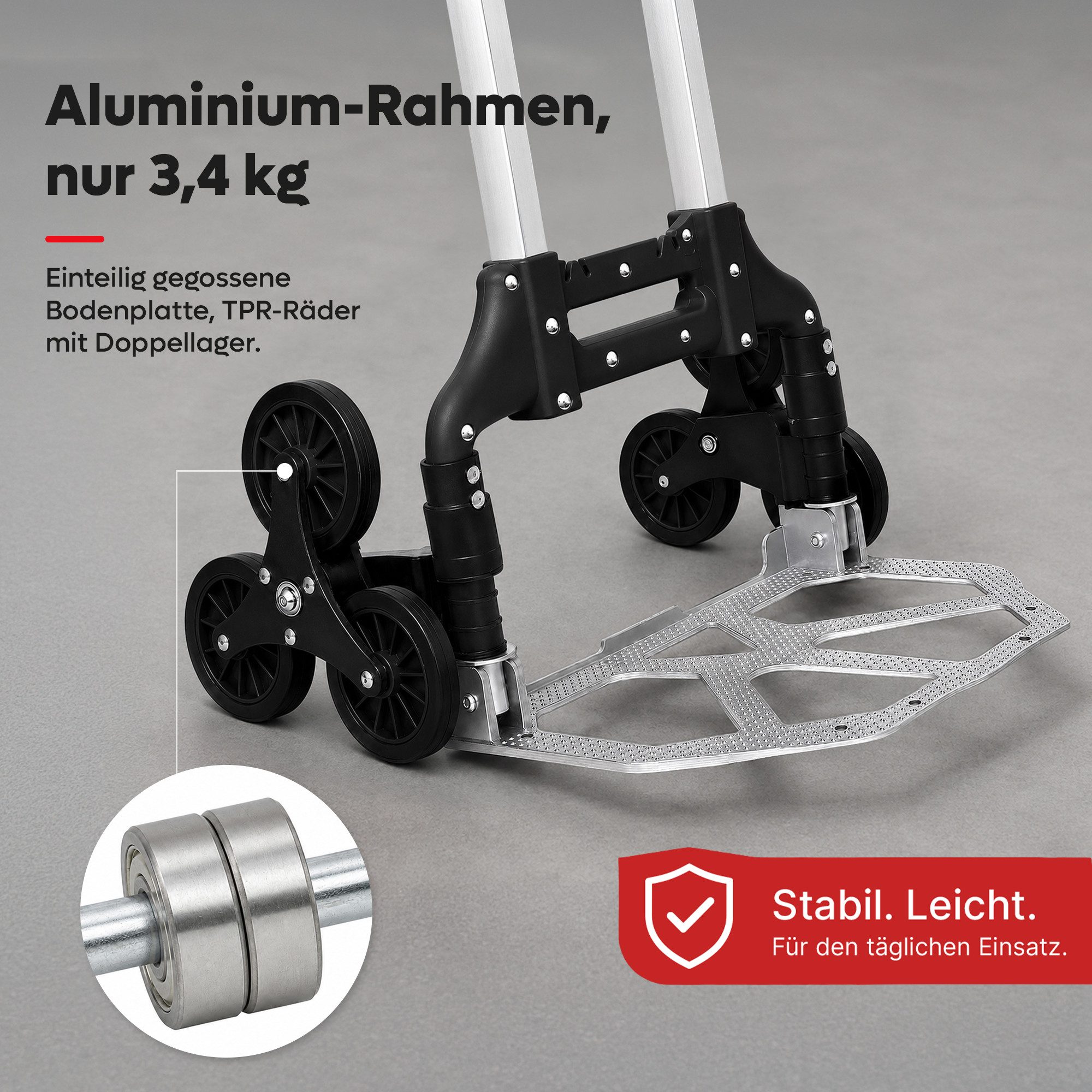 Allyson Treppensackkarre Sackkarre Treppensteiger, Transportwagen Sackkarre klappbar, (2x Elastische Spanngurte, 1 Paar Arbeitshandschuhe), Treppenkarre: 80kg Tragkraft, faltbar, inkl. Spanngurten & Handschuhen