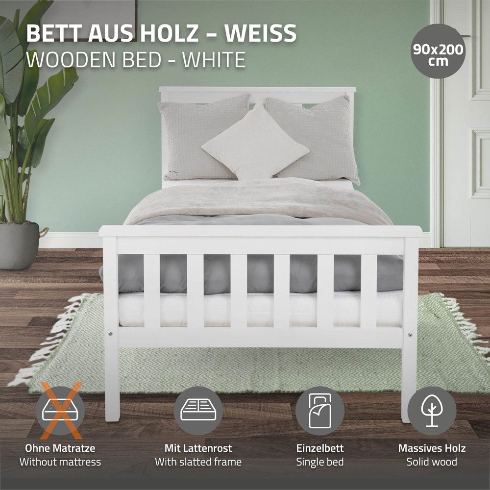 ML-DESIGN Bettgestell Holz Tagesbett, Jugend Einzelbett mit Kopf- & Fußteil, Holzbettgestell, Kinderbett, Bettrahmen Massivholz Bett Jugendbett Kiefer Weiß