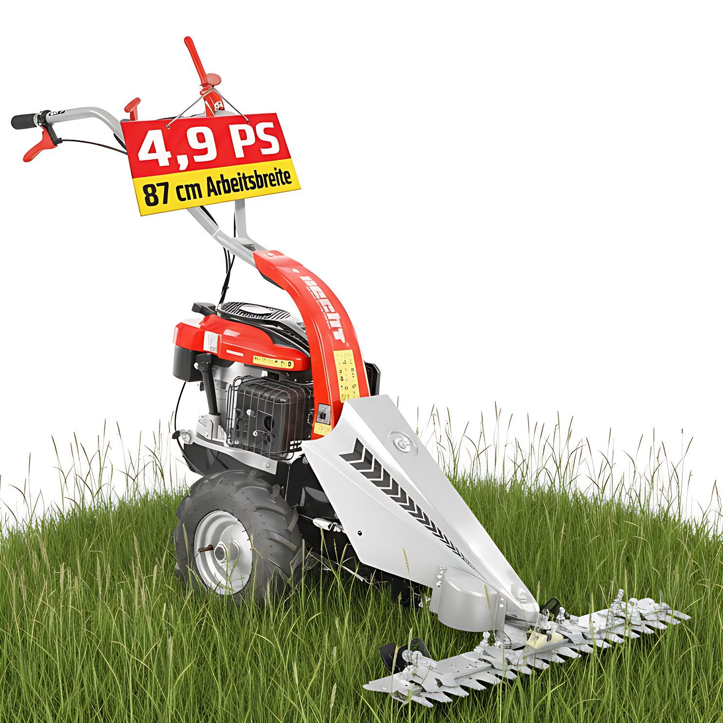Hecht Balkenmäher mit Antrieb, 587, 3,6 kW / 4,9 PS, 87 cm Arbeitsbreite, 8 mm Schnittstärke, bis 3km/h, Schnitthöhenverstellung von 30–80 mm