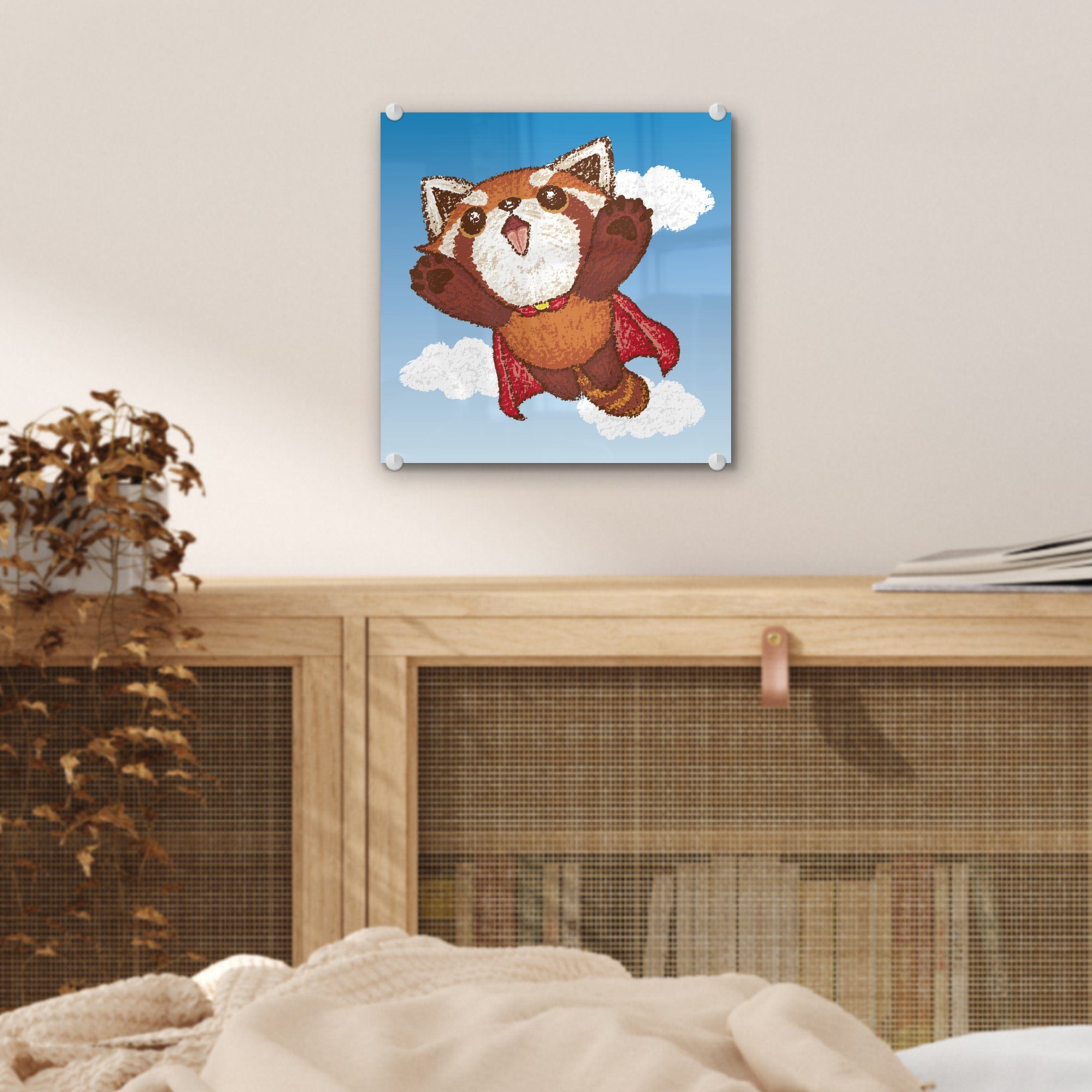 - als - Glas Acrylglasbild St), eines roten Illustration auf Wandbild (1 auf Superheld, Bilder - Wanddekoration Pandas Foto MuchoWow Glasbilder Glas