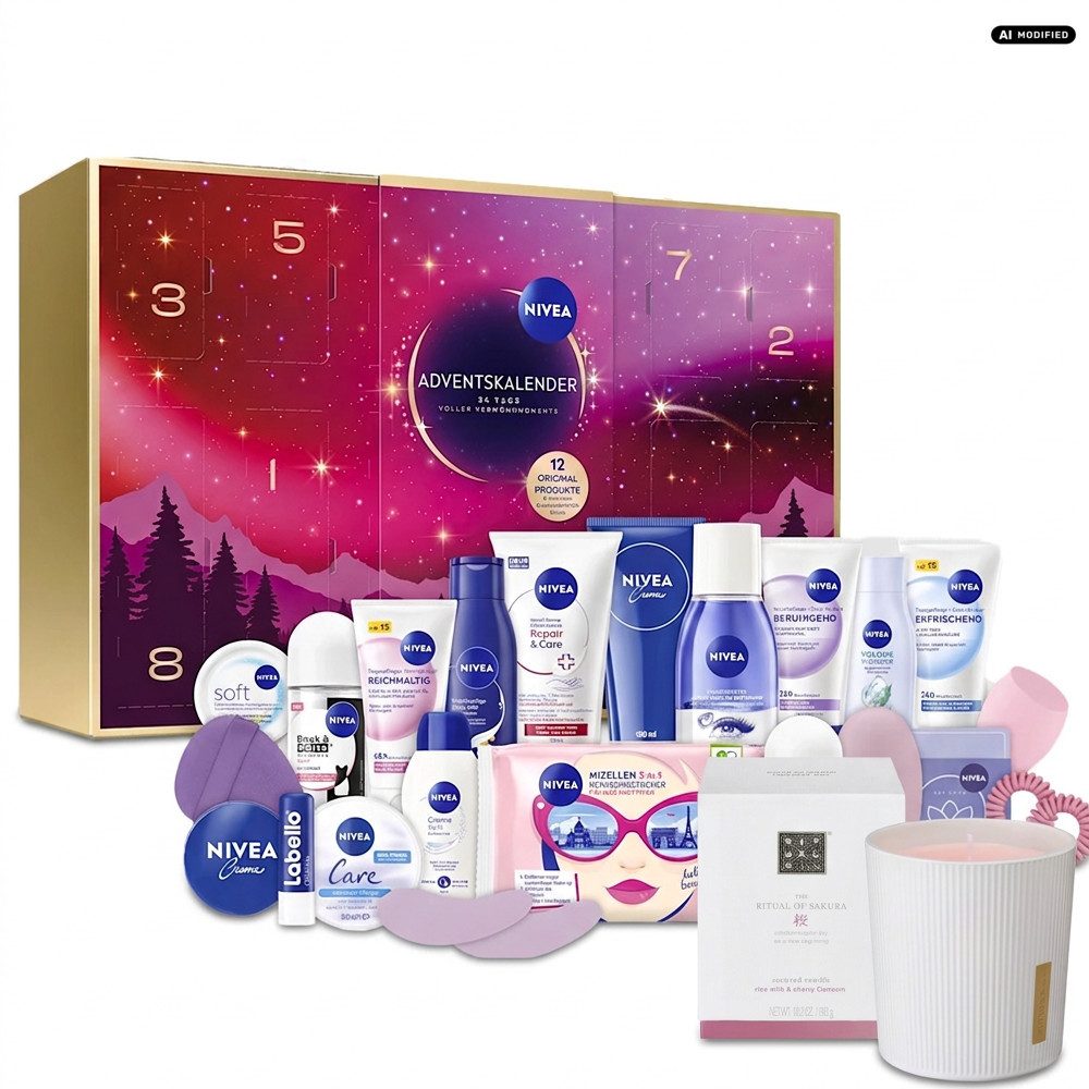 Nivea Adventskalender NIVEA Adventskalender 2026 Verwöhnmomente 24-teilig mit Duftkerze, Adventskalender mit zusätzlicher Rituals Duftkerze