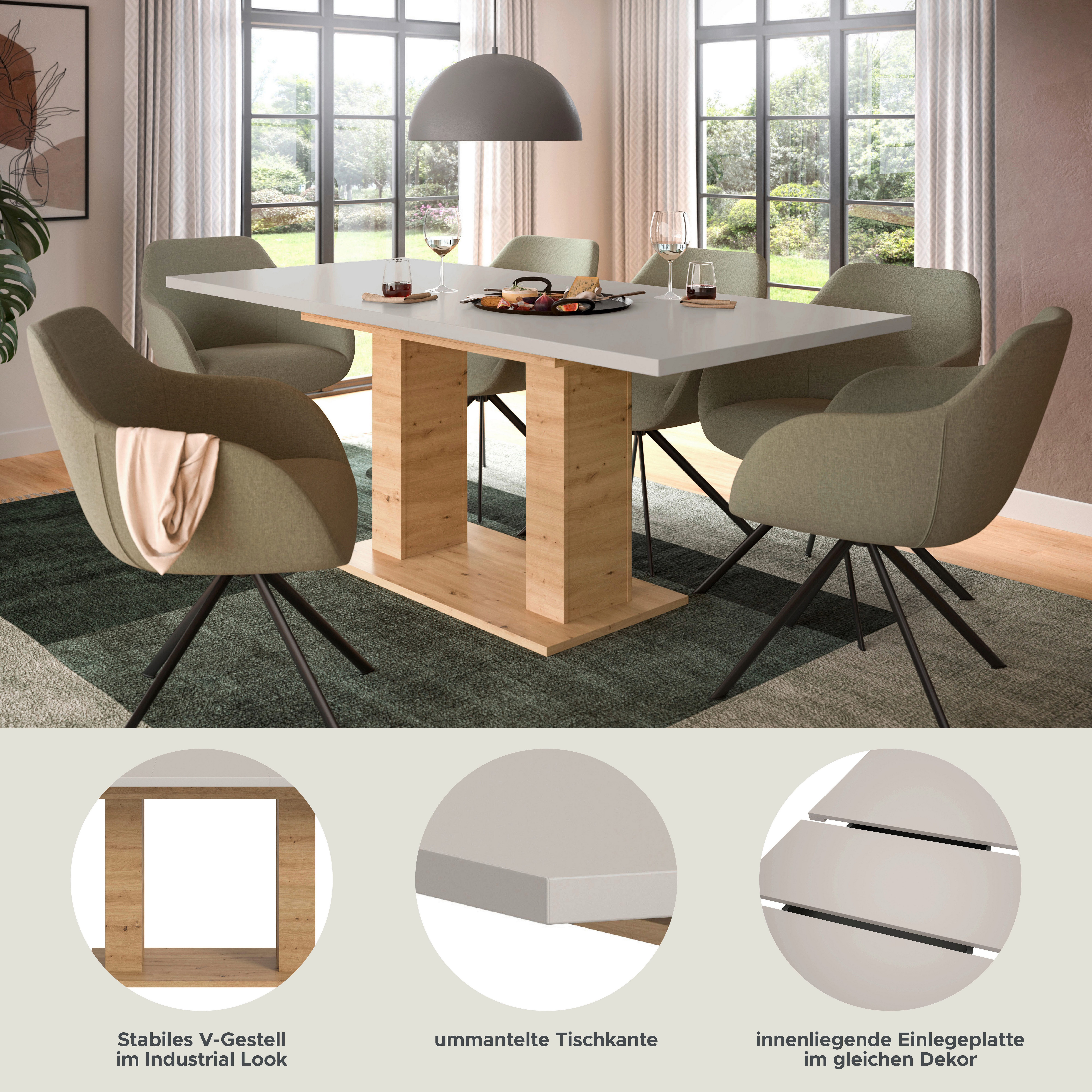 Home affaire Esstisch Motus, ausziehbar 150 -190 cm, inklusive 40 cm Einlegeplatte (Set, 1-St), Doppelsäulengestell mit Bodenplatte, Tisch, Esstisch, Küche