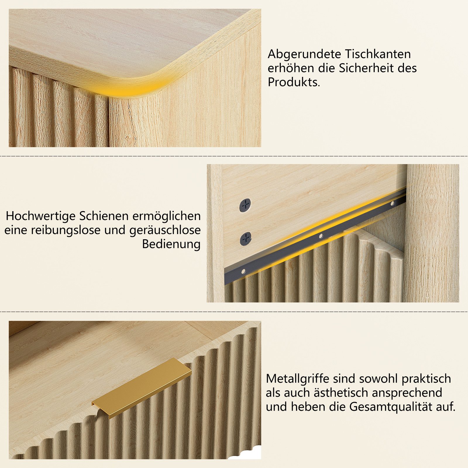 MODFU Nachttisch Metallgriffe, geräuscharme Führung (mit 3 Schubladen, einzigartiges Rillendesign), Kommode Schrank