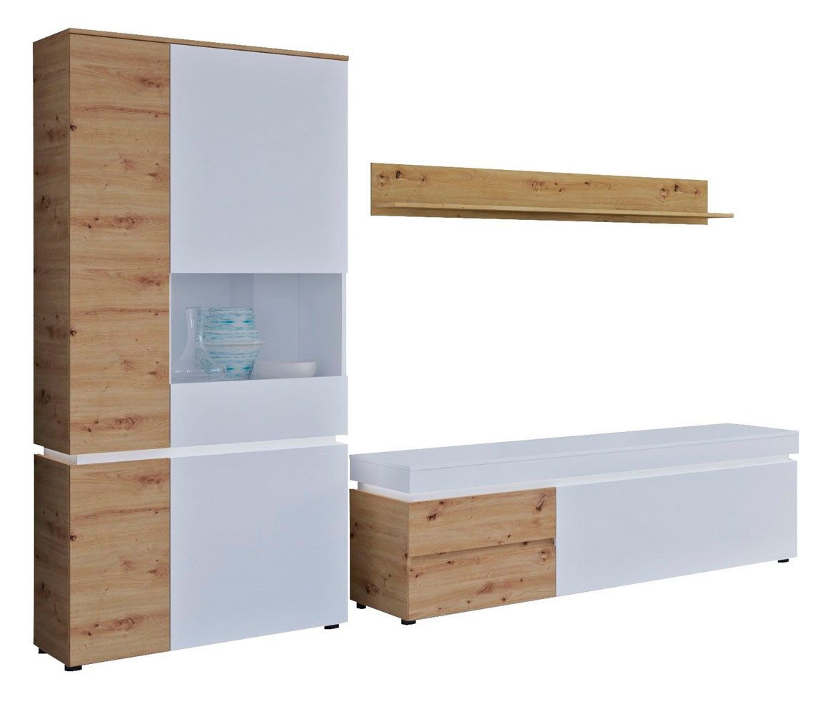 Feldmann-Wohnen Wohnwand Luci, (1 Vitrine, 1 Wandregal, 1 Lowboard, 2-St., 4-teilige Wohnwand, mit Glaseinsätzen, Grifflos), 3-teilig eiche artisan weiß
