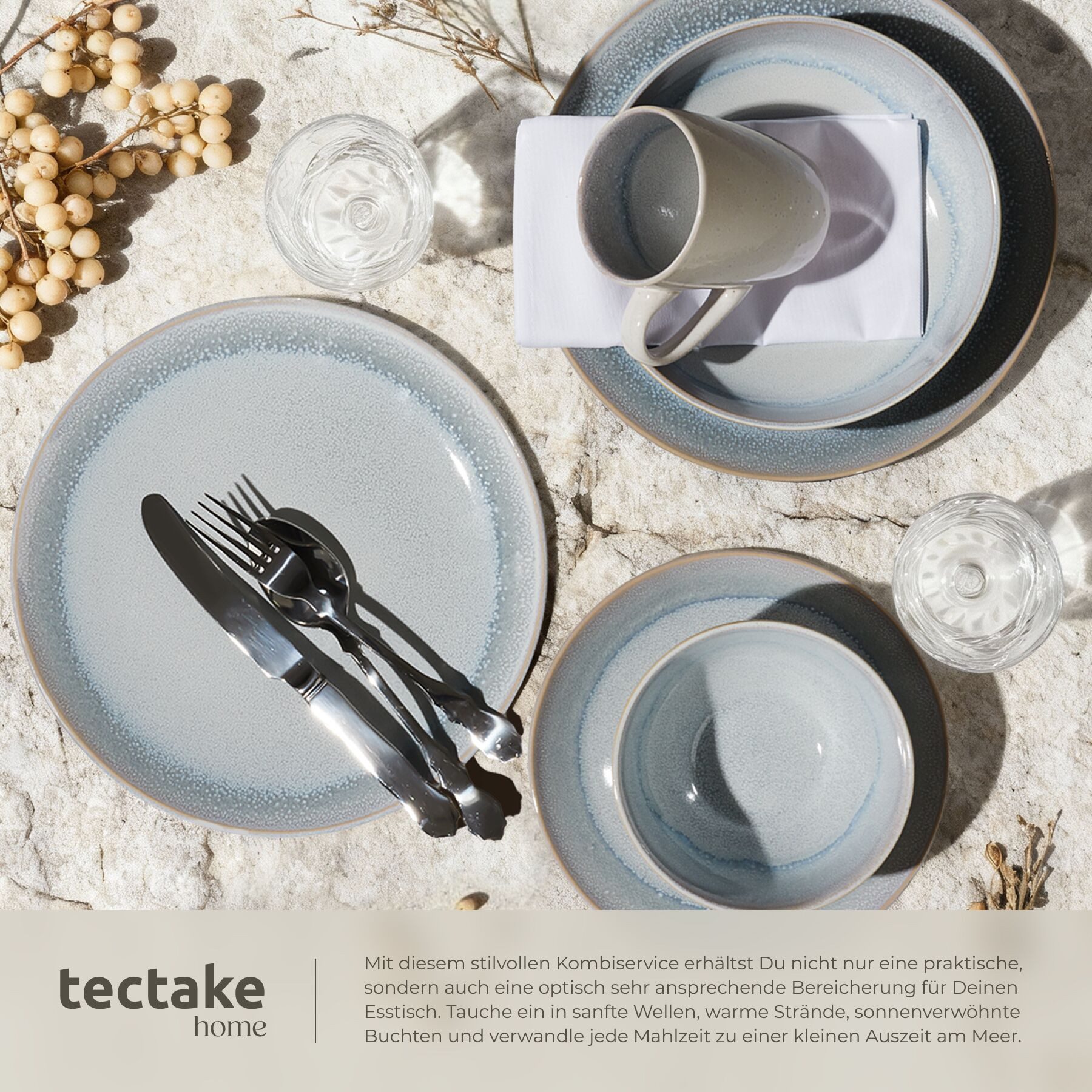tectake Geschirr-Set Tafelservice aus Steingut für 6 Personen, ineinander stapelbar (30-tlg), 6 Personen, Steingut, handgefertigt, mit Glasur, spülmaschinen- un – Bild 5 von 5