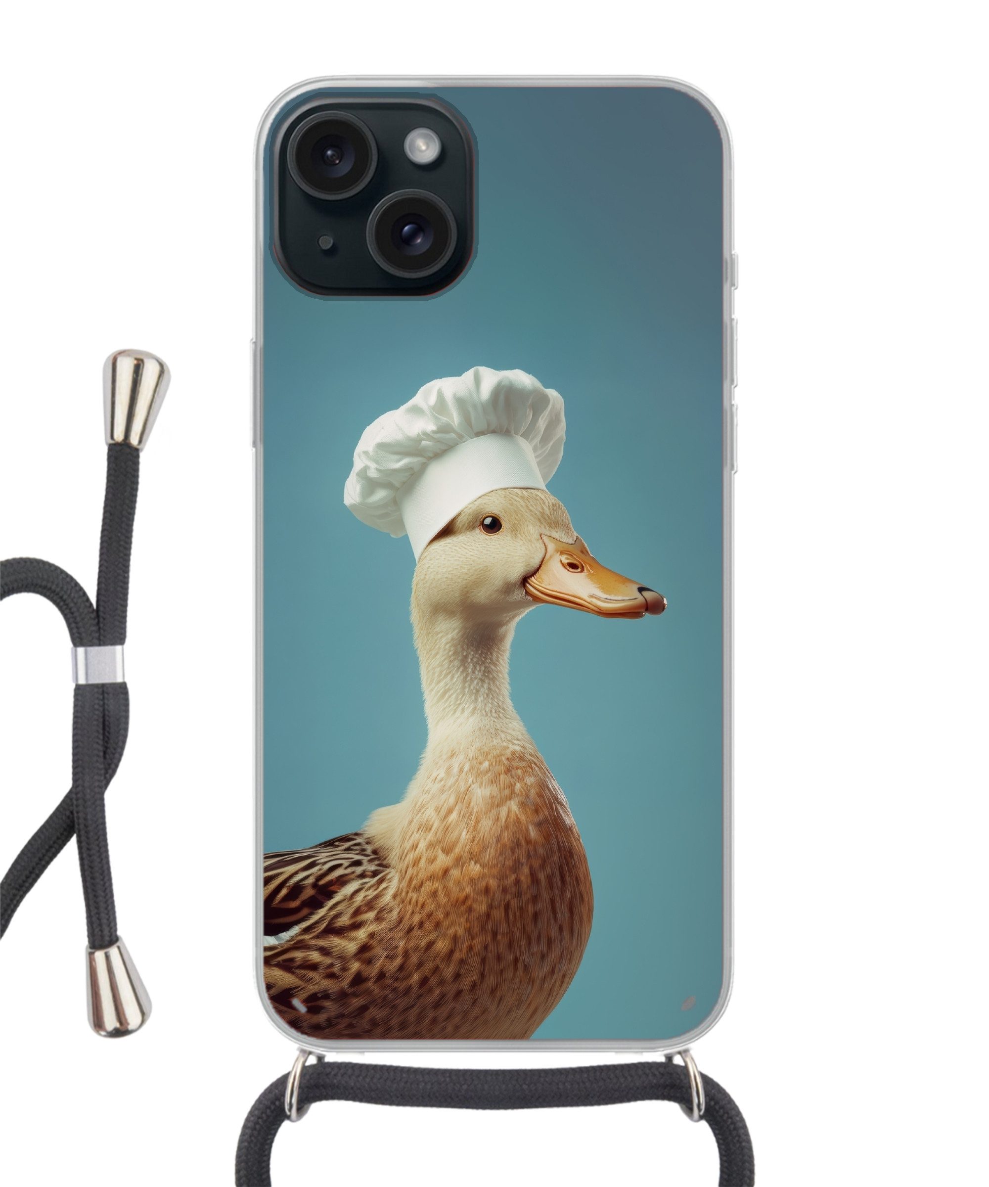 MuchoWow Handyhülle für Apple iPhone 15 Plus Ente - Kochmütze - Niedlich - Vogel, Tragbare Handyhüllen mit Kette zum umhängen, Handykette Handyband