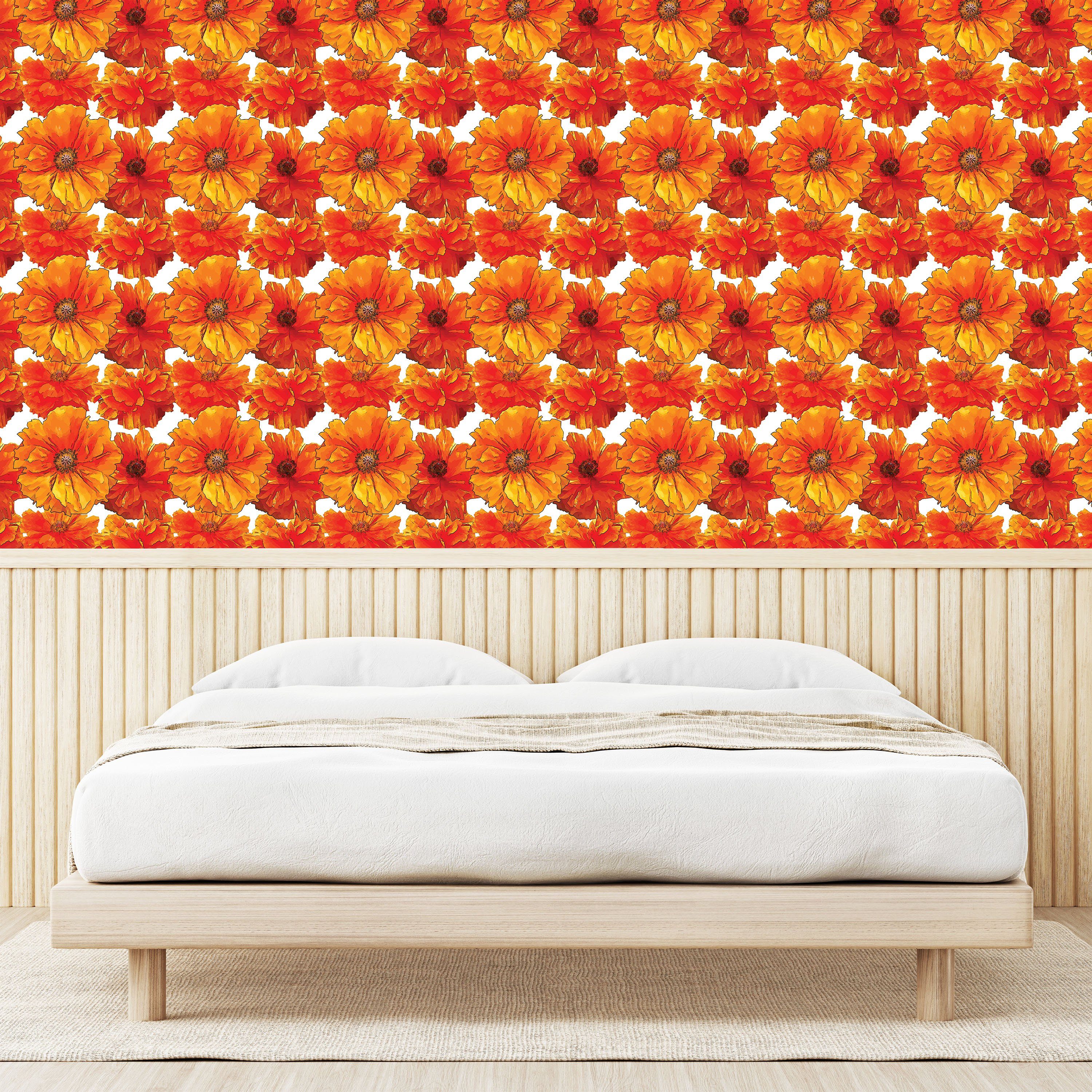 Poppies Bohemian Vinyltapete Wohnzimmer Antike Abakuhaus Küchenakzent, Orange selbstklebendes