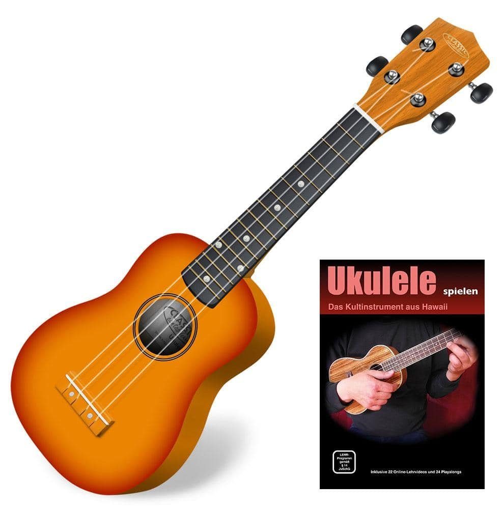 Classic Cantabile Ukulele Sopranukulele (Ukulele, Uke, 15 Bünde, leichtgängige Gitarrenmechanik), Spar-Set inklusive Ukulele-Schule