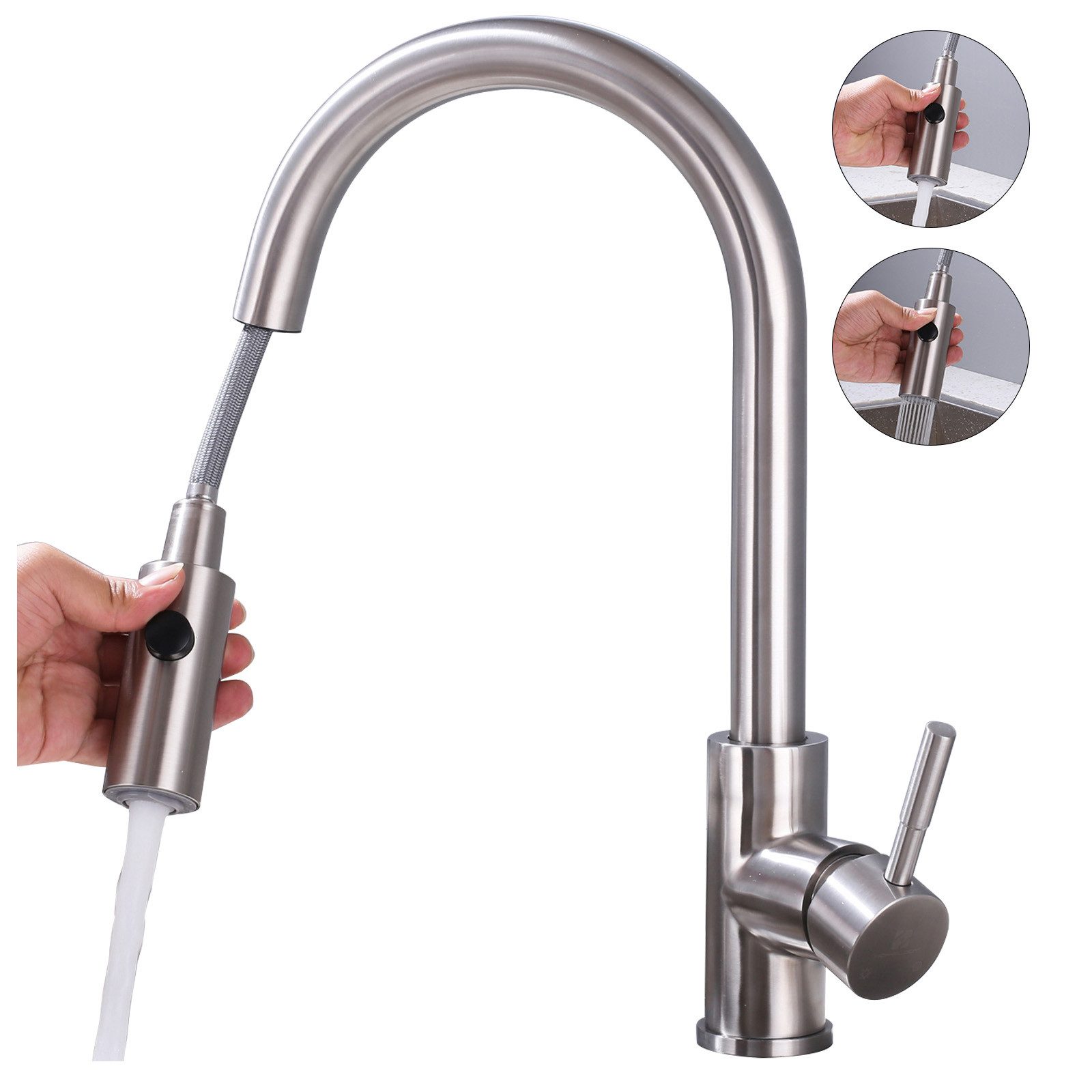 HOMELODY Spültischarmatur Küchenarmatur mit 2 Strahlarten Wasserhahn Küche ausziehbar Hochdruck Küchenarmatur 360° Drehbar,Edelstahl Hochdruck, Gebürstet
