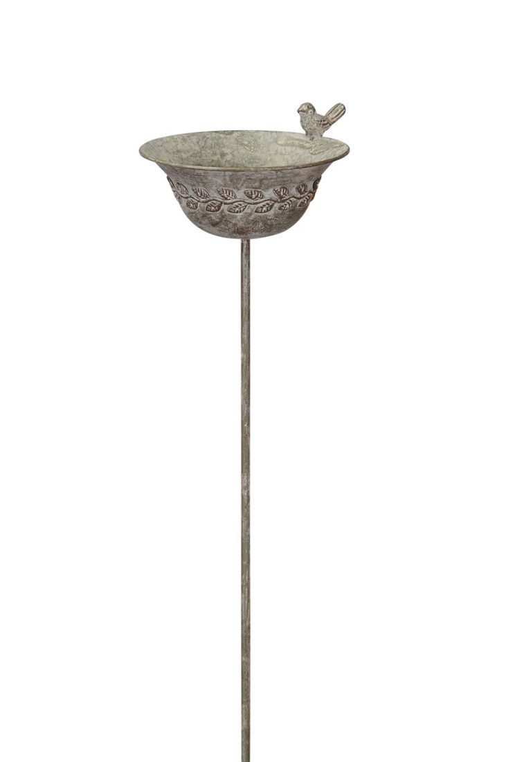 finehomegarden Vogeltränke Futterplatz Metall grau/braun Vintage Ø20x17H10cm L102cm, Futterstadion Vogelbad Gartenstecker Stecker / Paket