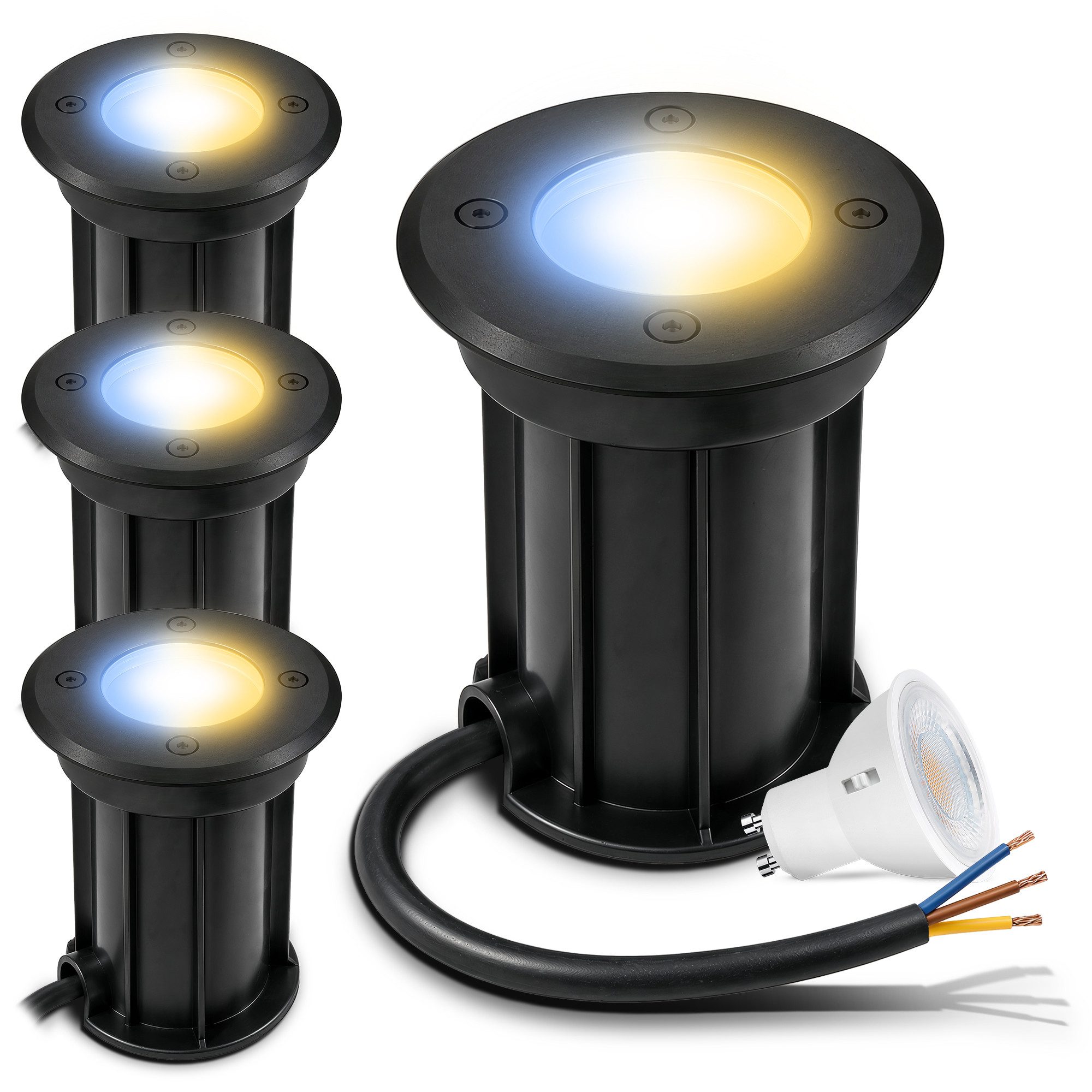 linovum LED Gartenstrahler 4x BORU Bodenleuchte mit GU10 LED drei Lichtmodi Einbau IP67 Spot, Tageslichtweiß, Warmweiß, Neutralweiß