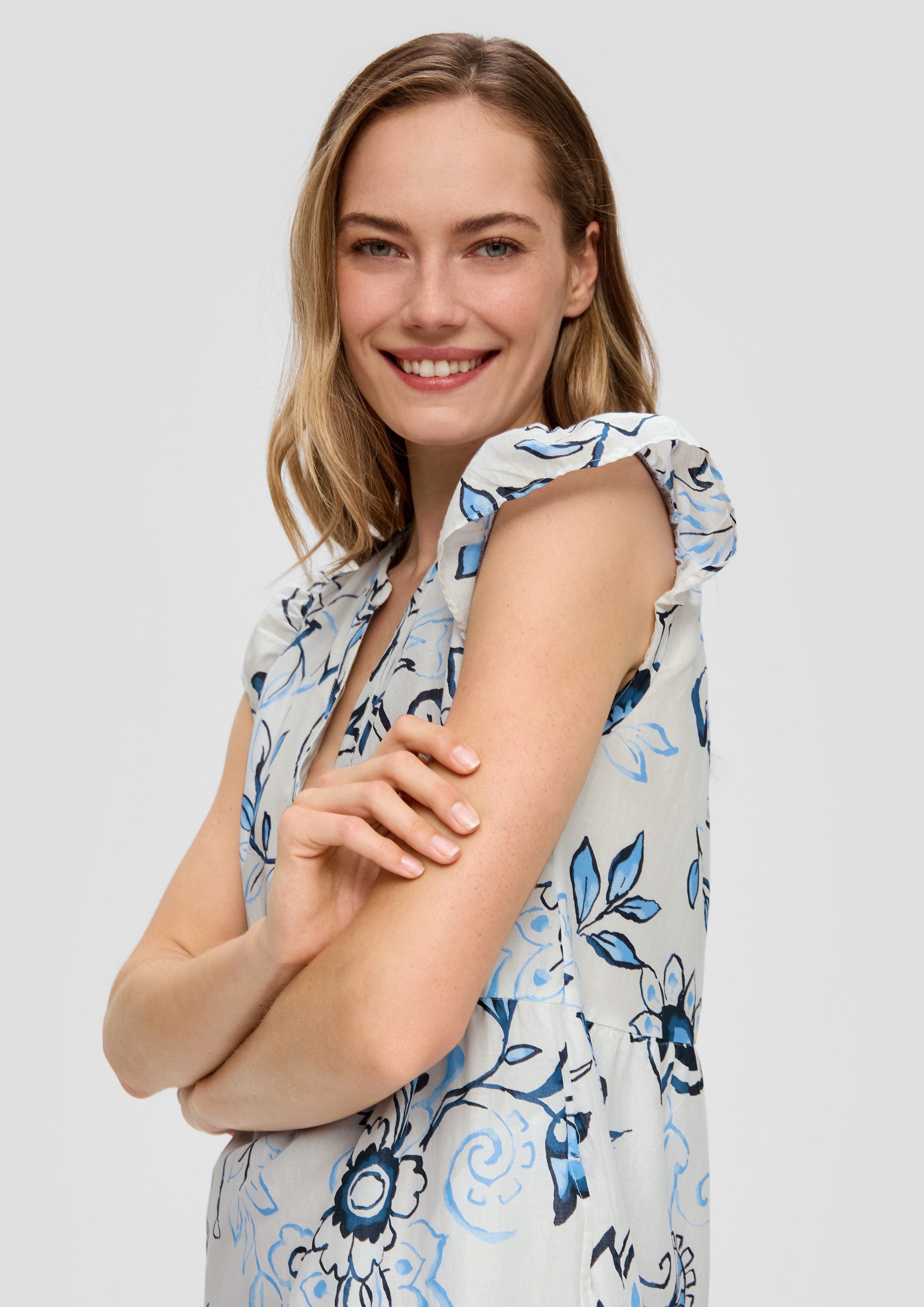 s.Oliver Midikleid Kleid Gemustertes Midikleid mit Raffung und Eingrifftaschen