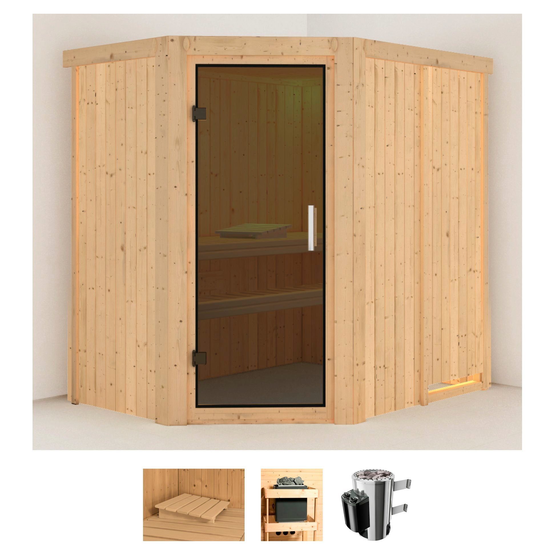 Karibu Sauna Swantje, BxTxH: 151 x 196 x 198 cm, 68 mm, (Set) 3,6-kW-Plug & Play Ofen mit integrierter Steuerung