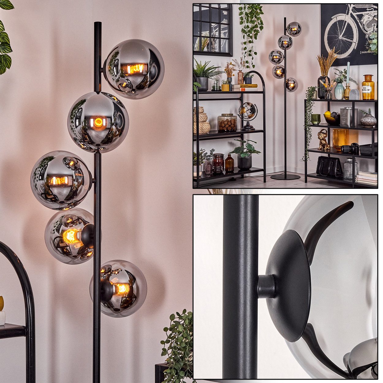Stehlampe Stehlampe aus Metall/Glas in Schwarz/Chrom/Rauch mit Fußschalter