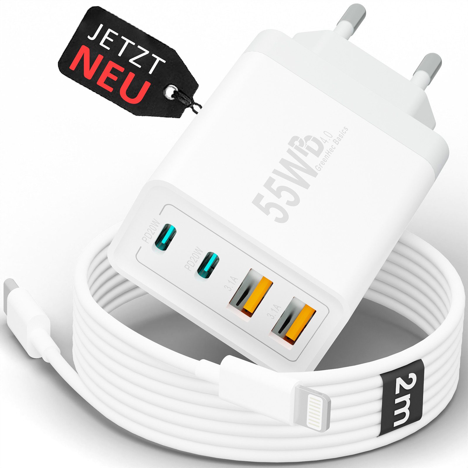 GreenHec Schnellladegerät USB-C iPhone mehrfach Handy Netzteil Adapter + Kabel Schnelllade-Gerät (50 mA, Spar-Set, 55w Quatro Charger + Lighting Kabel, iPhone 14 13 12 11 X XS XR SE Pro Max Air, 4 Multi Port 1m 2m 3m Laden)