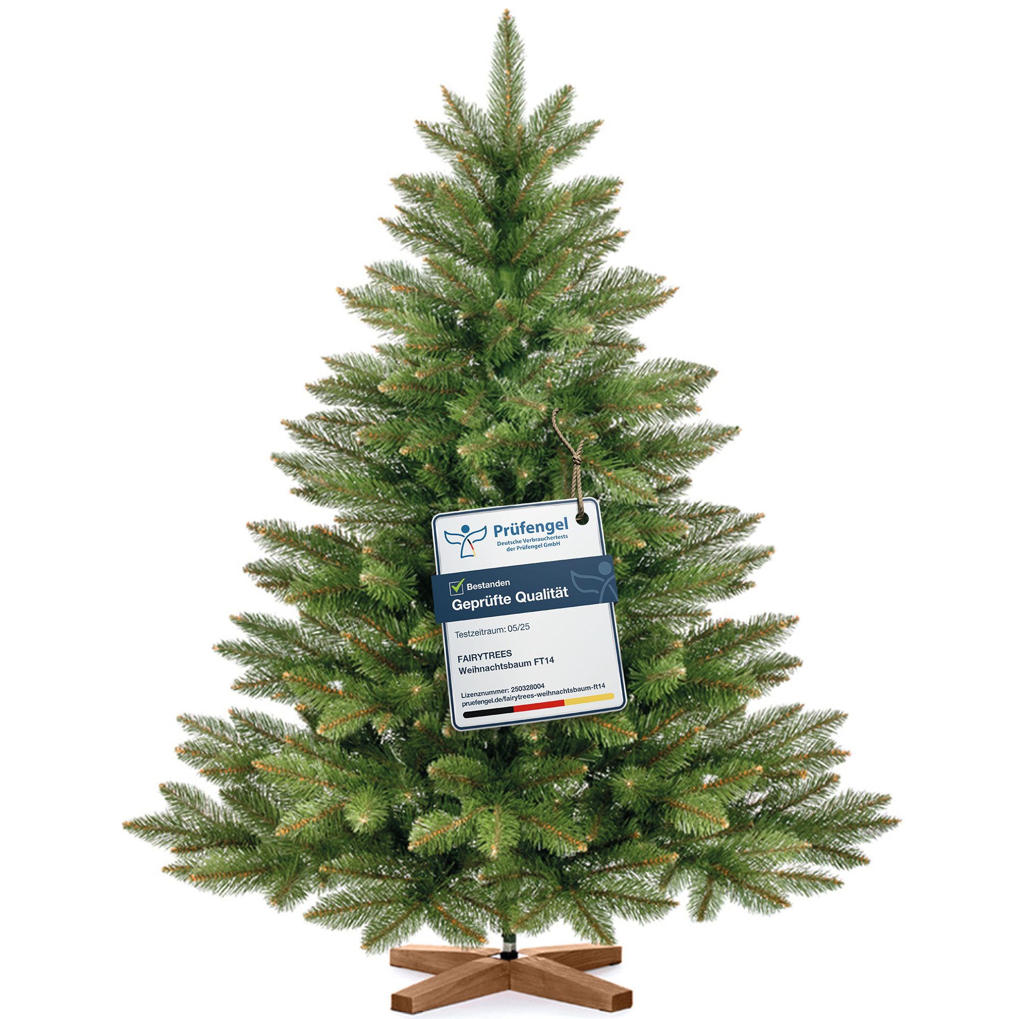 Fairytrees Künstlicher Weihnachtsbaum FT14, Nordmanntanne, grüner Stamm, mit Echtholz Baumständer