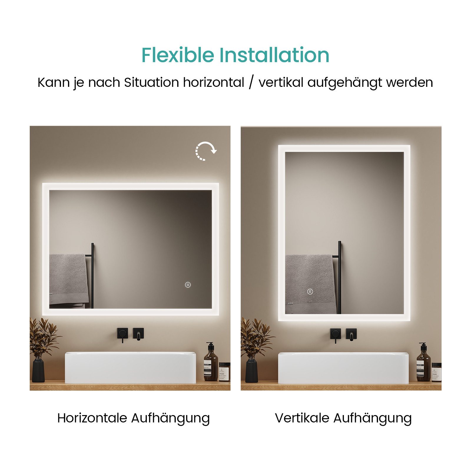 EMKE Badspiegel LED Badezimmerspiegel mit Beleuchtung Anti-Beschlag (Vertikal und Horizontal möglich, Touch-schalter, Wandschalter), 3 Lichtfarben Beschlagfrei  – Bild 5 von 5