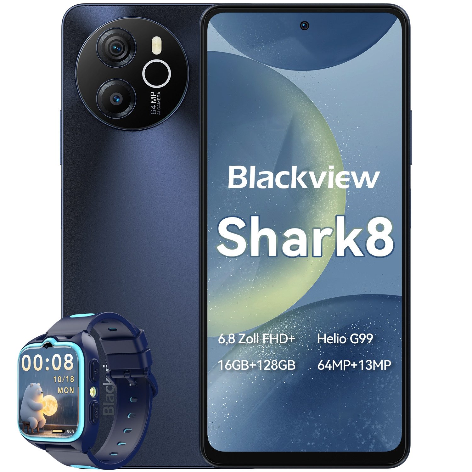 blackview Shark8(8+256) incl. Z30 smartwatch Handy (6.8 Zoll, 256 GB Speicherplatz, 64 MP Kamera, 2.4K Display, Dual 4G, NFC/Face ID)
