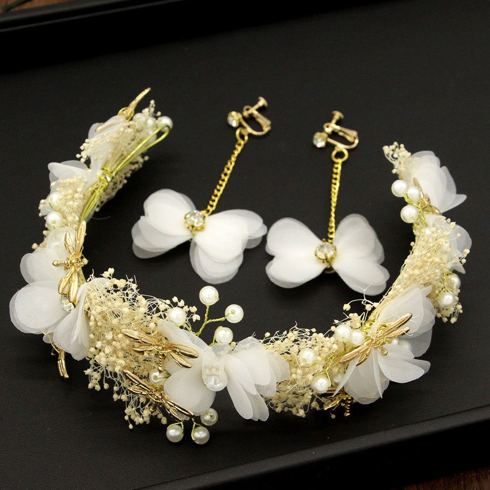 Hochzeit Perlenhaarschmuck LAKKEC Ohrringe) Brautkopfschmuck Diadem + (Haarbänder Gelb