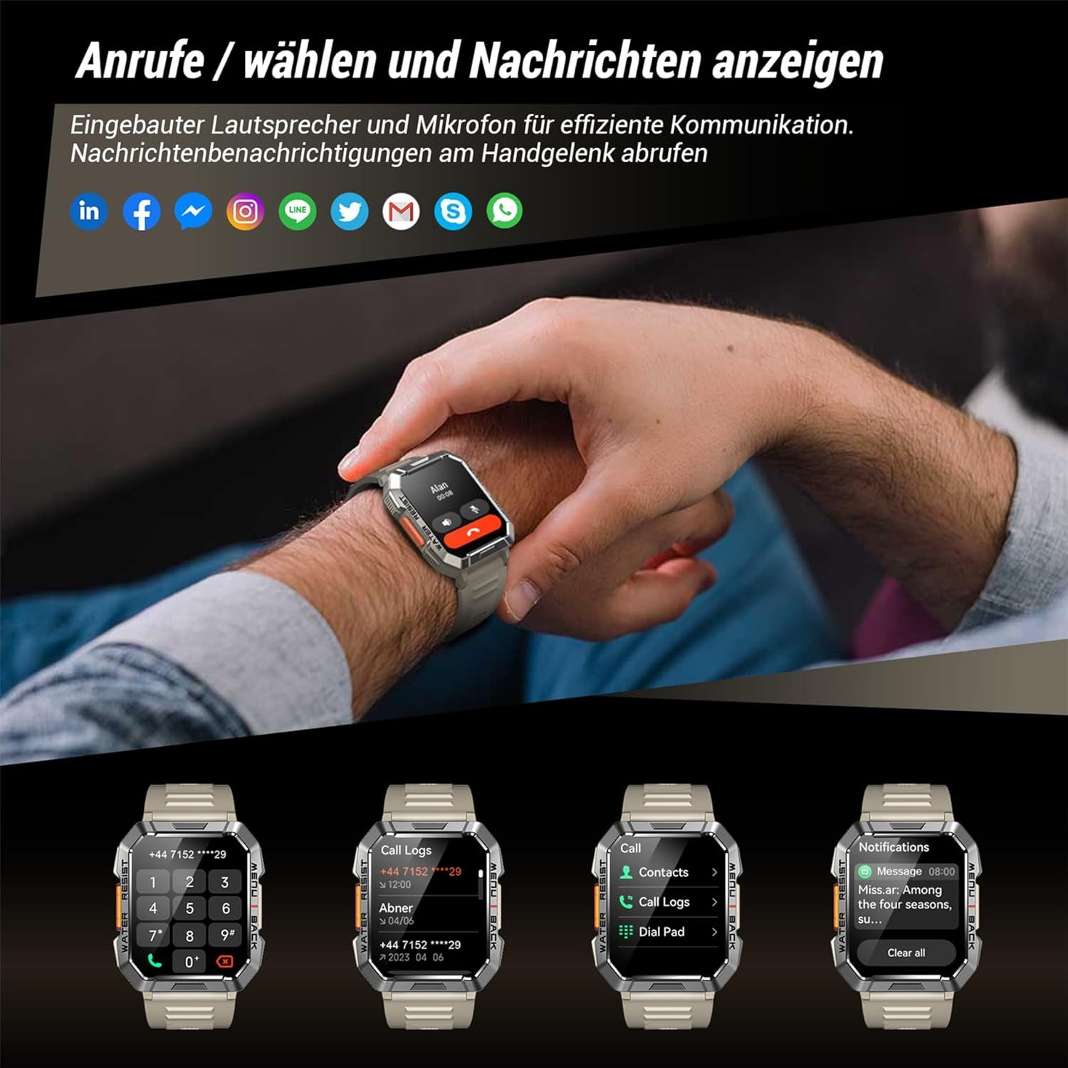 IOWODO Herren"s Militärische Uhr: mit Telefonfunktion und 100 Tage Akku Smartwatch (5 cm/2.01 Zoll, Android/iOS), Robustes Outdoor Gerät für Anrufe GPS SpO2 Schlafanalyse IP68