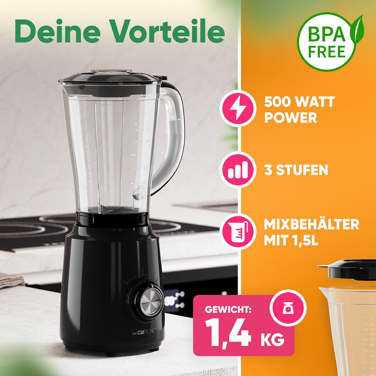 CLATRONIC Standmixer UM 3845, Standmixer 500W, Mixer, BPA frei