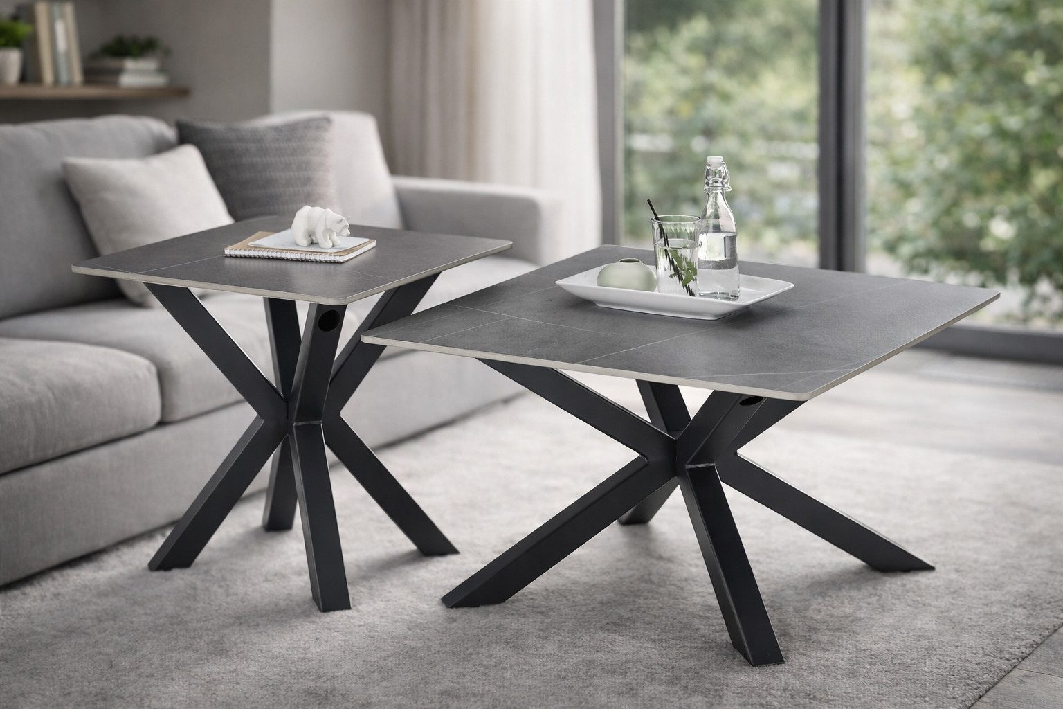 möbelando Couchtisch Janin (2er-Set), (2er-Set) Steinoptik-grau / schwarz- 80x45x80 / 55x55x55 (B/H/T)