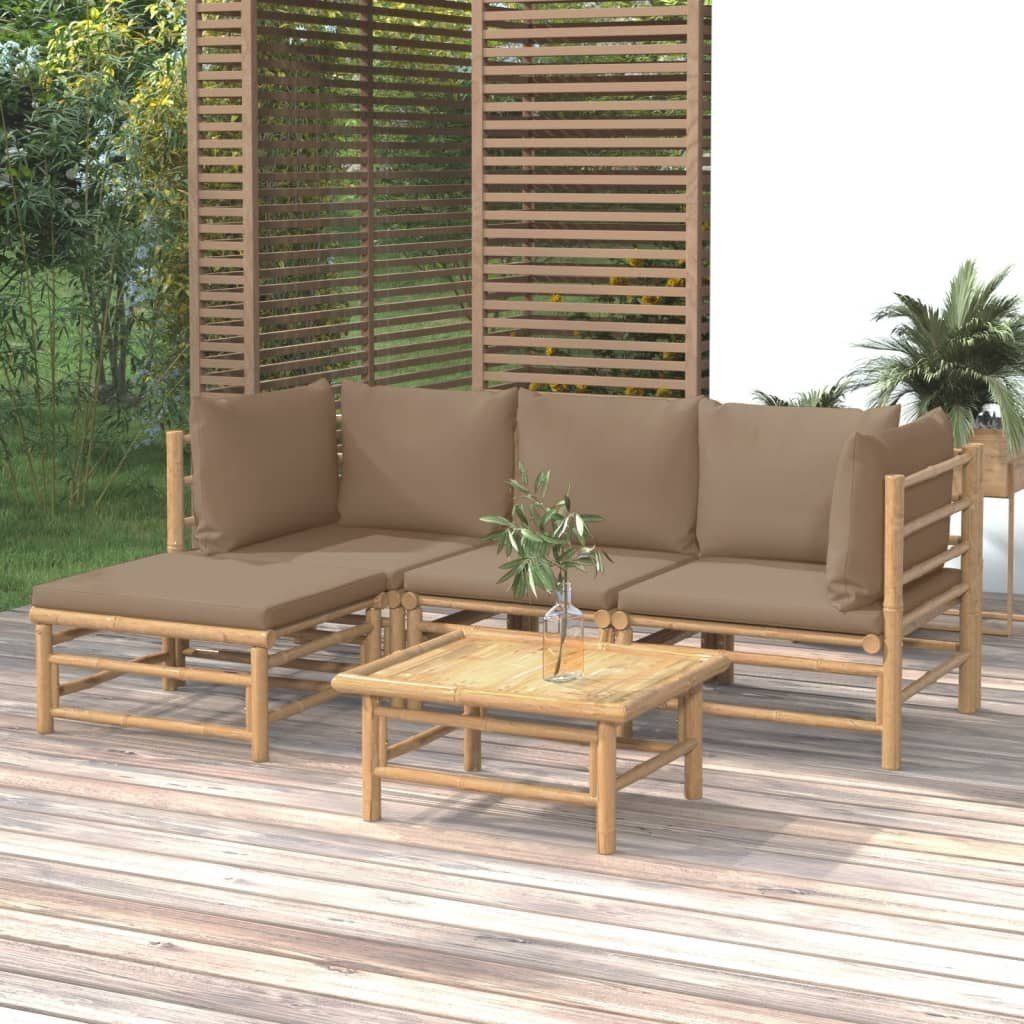 vidaXL Gartenlounge-Set 5-tlg. Garten-Lounge-Set mit Kissen Taupe Bambus, (1-tlg)