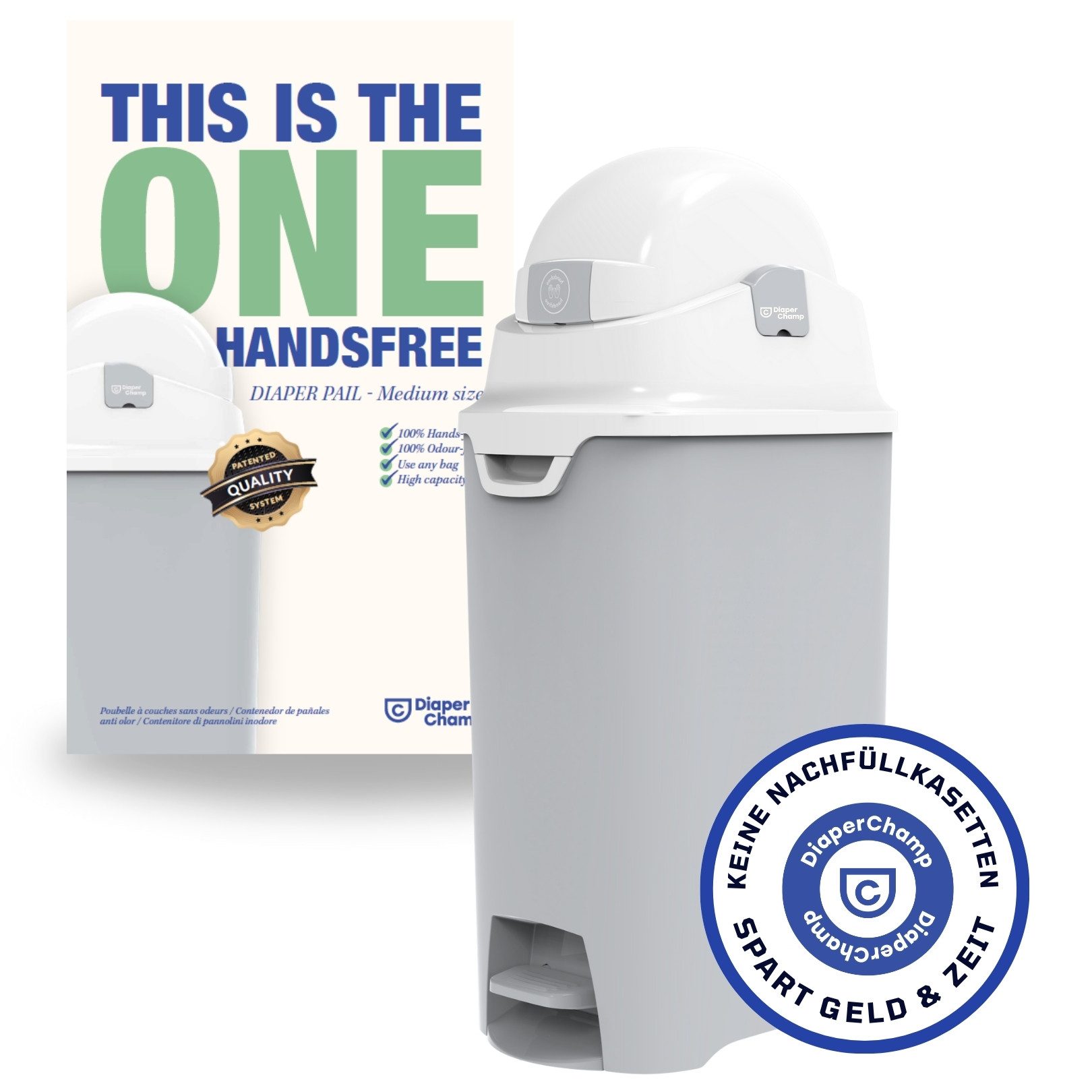 Diaper Champ Windeleimer Diaper Champ ONE Medium Handsfree Windeleimer mit Pedal geruchsdicht