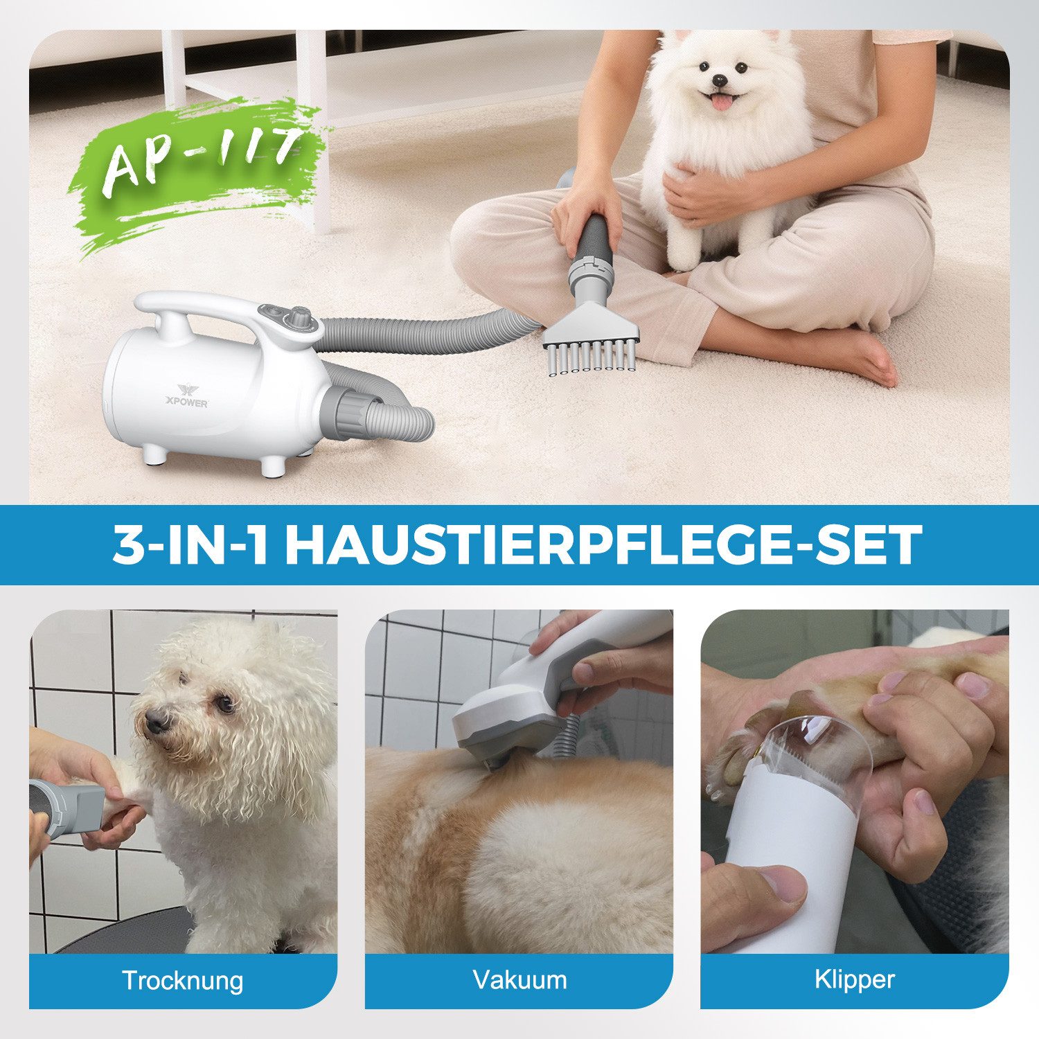 XPOWER Hundeschermaschine B-117 Haushalts Haustier Trimmer Anti-Sheddin Haustier Staubsauger Set, Professionelles Haustier-Grooming-Set, All-in-One-Tierpflege-Set,Verstellbare Drehzahl, 2-Gang-Heizmodus