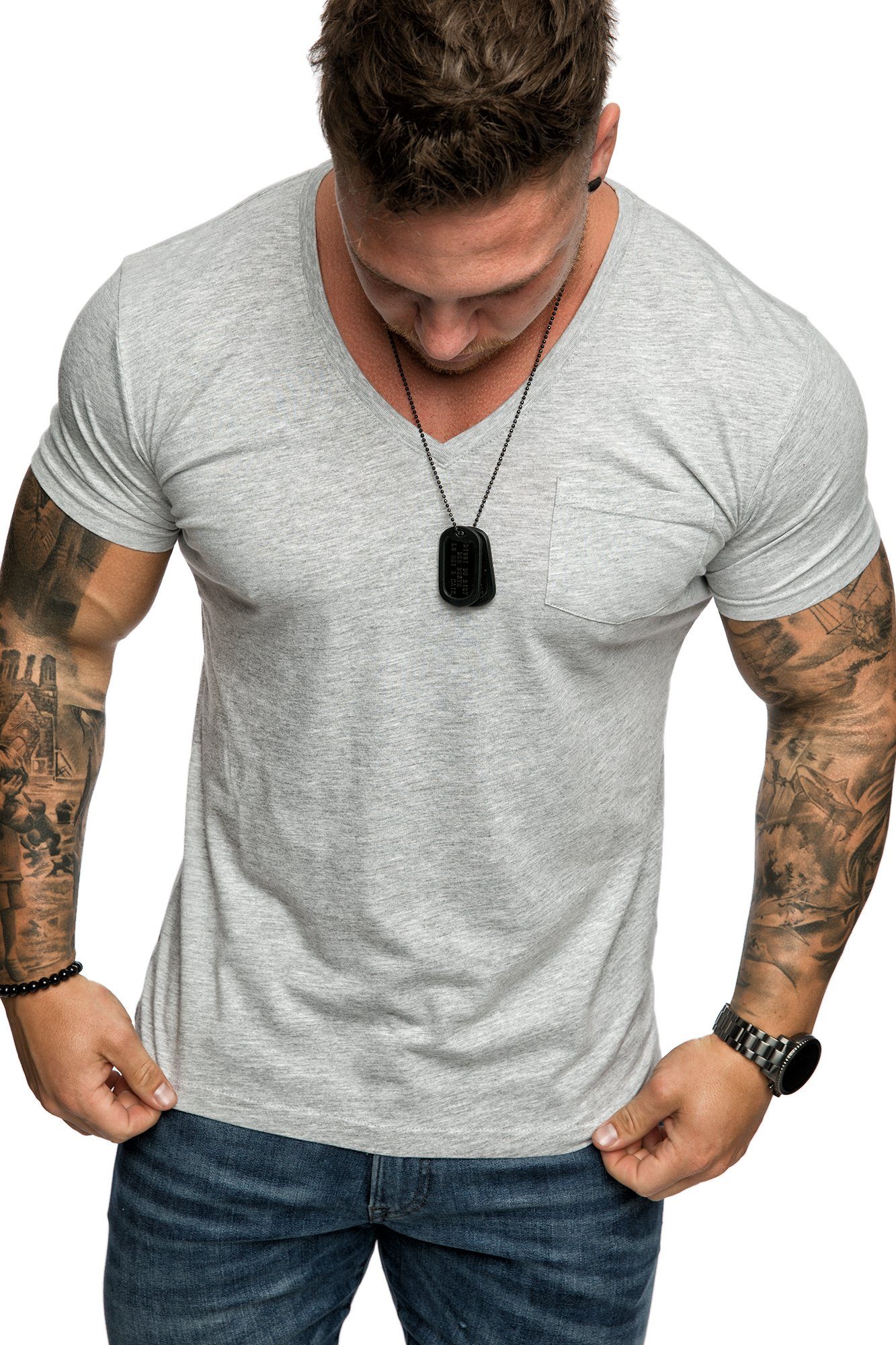 Amaci&Sons T-Shirt PATERSON Basic Oversize T-Shirt mit V-Ausschnitt Herren Vintage Basic Shirt mit V-Ausschnitt und Brusttasche – Bild 3 von 5
