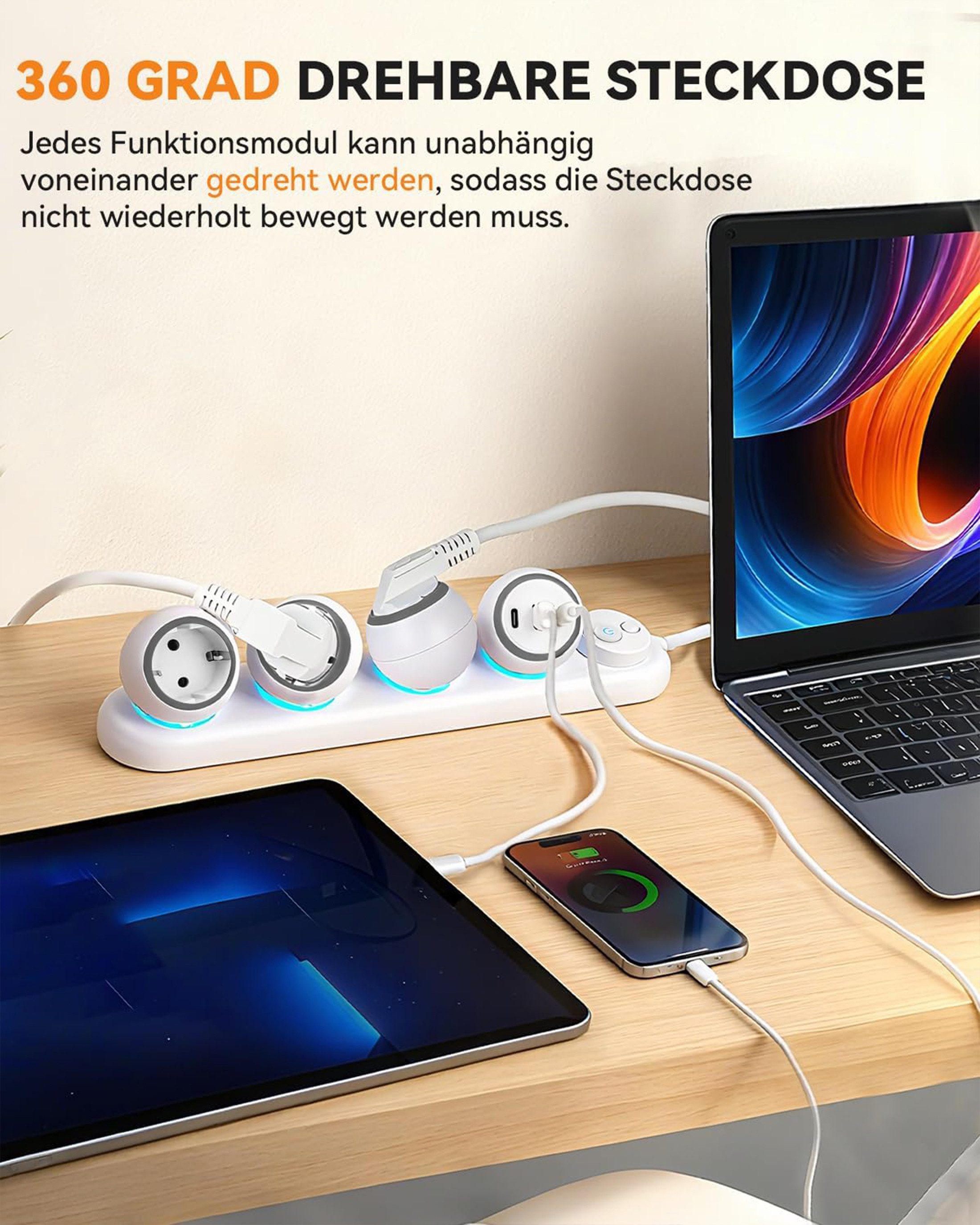 Luckice 360° drehbare Steckdosenleiste 3-Fach mit 3 USB(2 USB-C + 1 USB-A) Steckdosenleiste 3-fach (Schalter & LED Stimmungslicht, Wandmontage, Mehrfachsteckdos – Bild 3 von 5