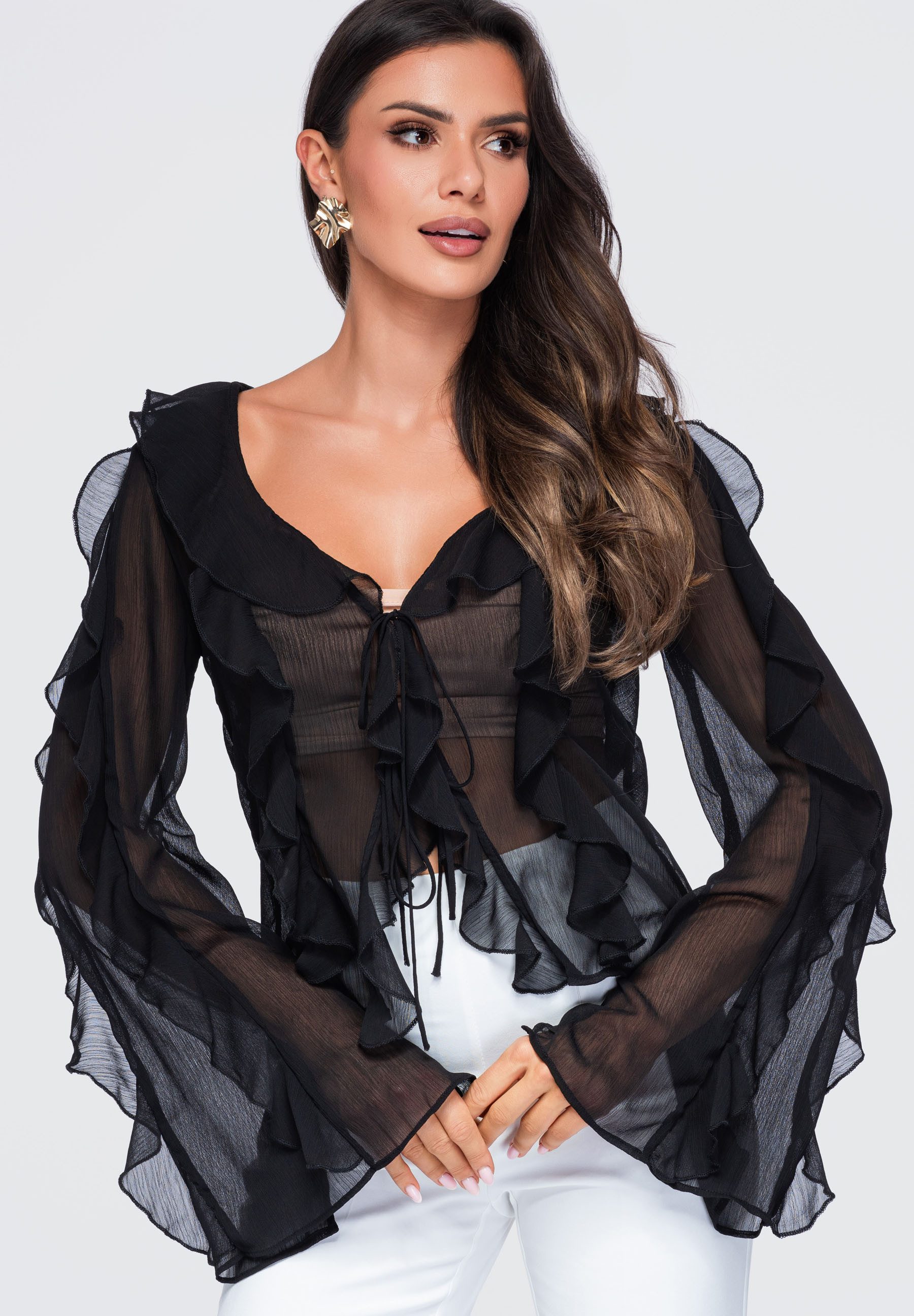 OMBRE Hemdbluse Damen Bluse mit V-Ausschnitt und Rüschen Schwarz L (kein Set, 1-tlg) Volantkragen